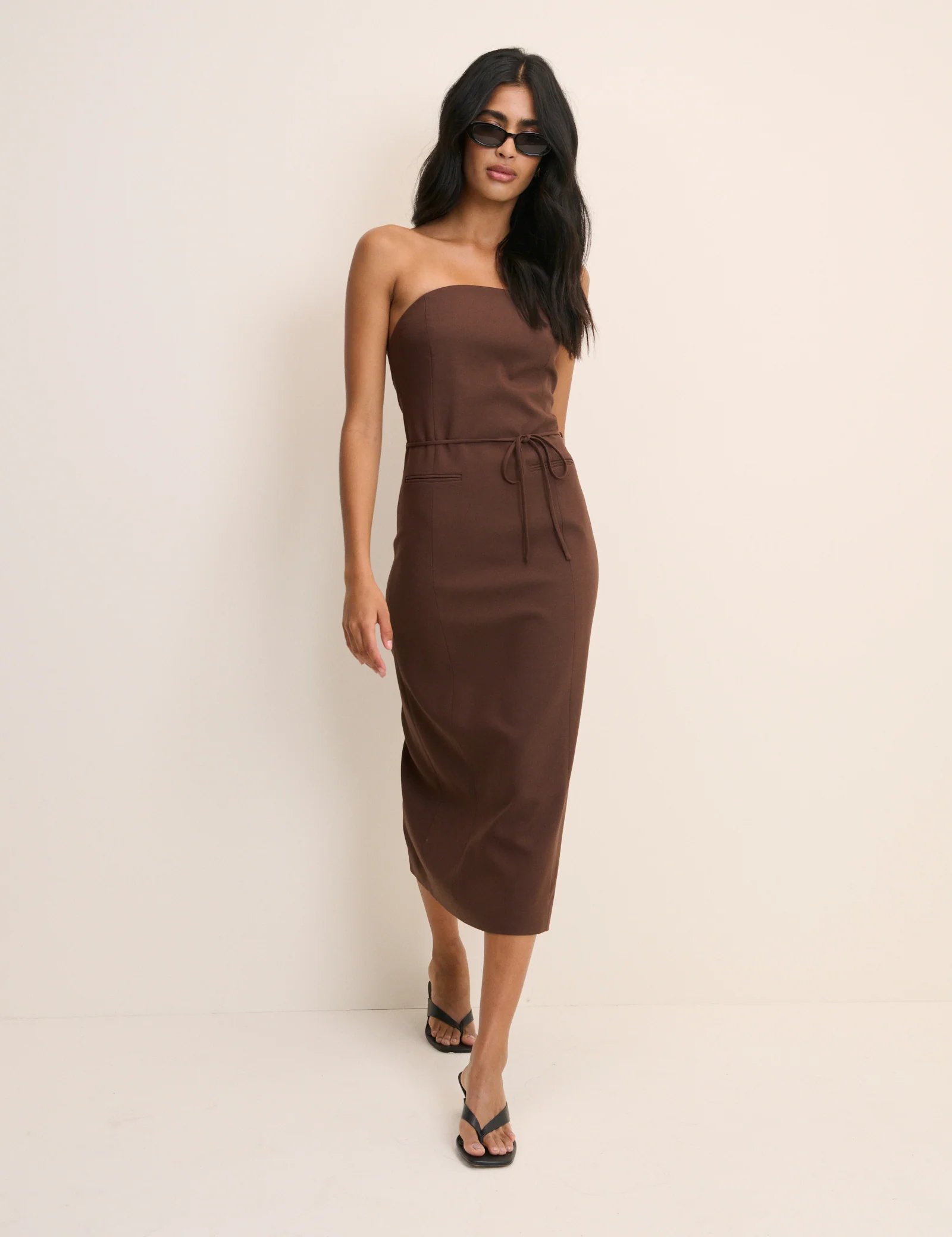 Brown Tailored Bandeau Midi Dress - Image 3