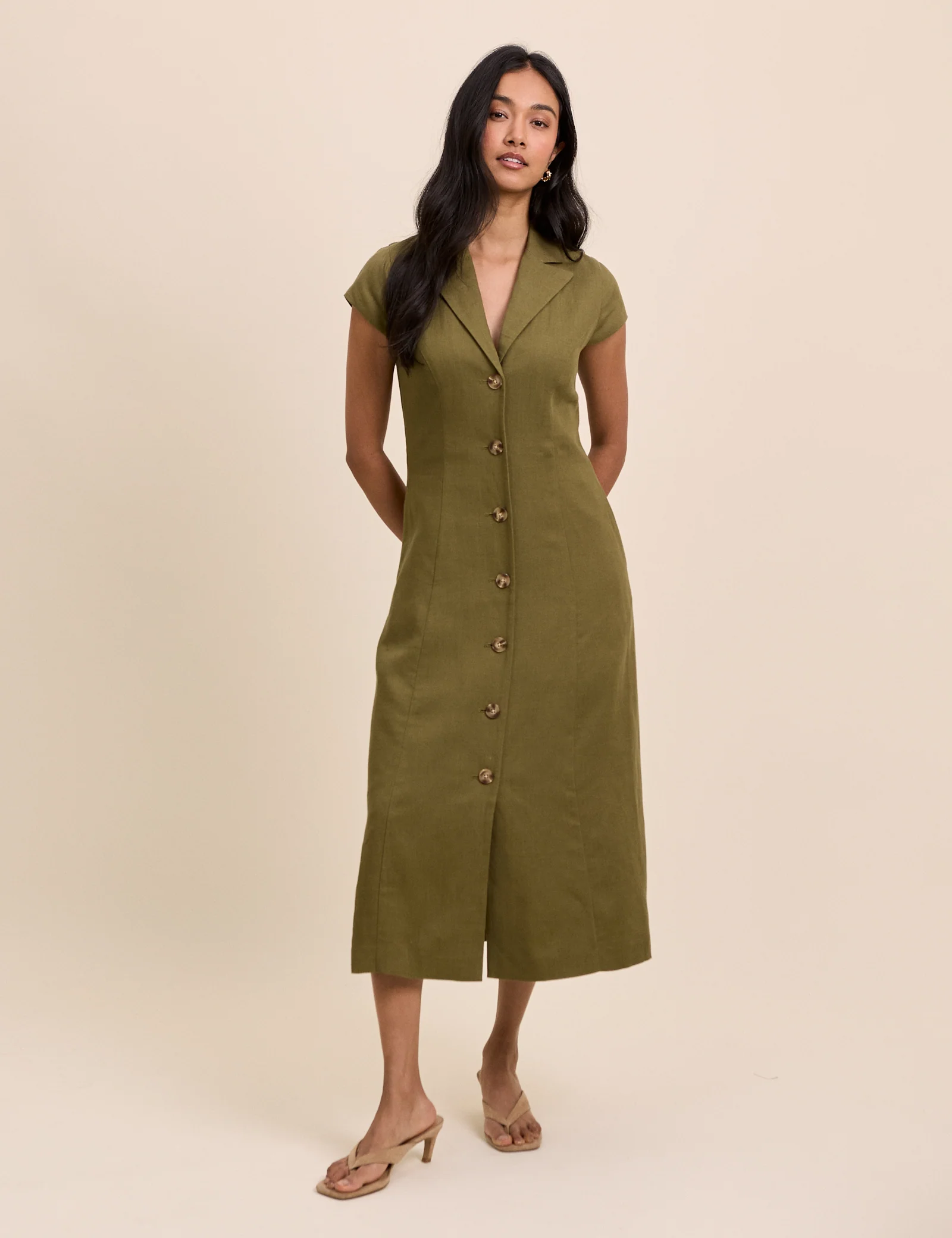Khaki Tailored Midi Dress