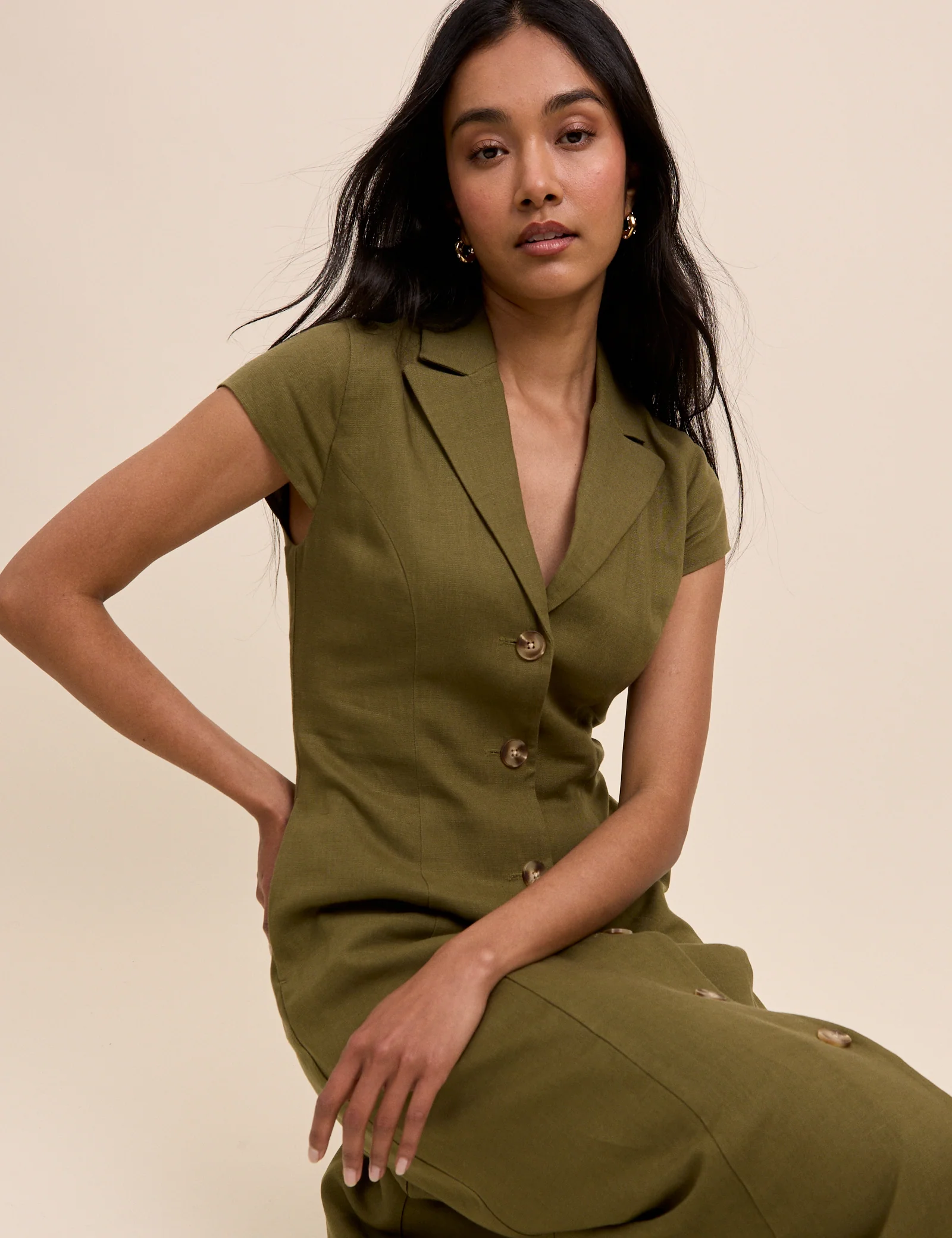Khaki Tailored Midi Dress - Image 2