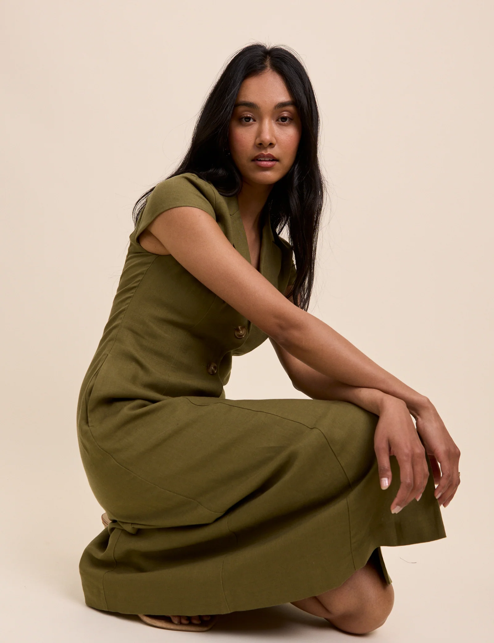 Khaki Tailored Midi Dress - Image 4
