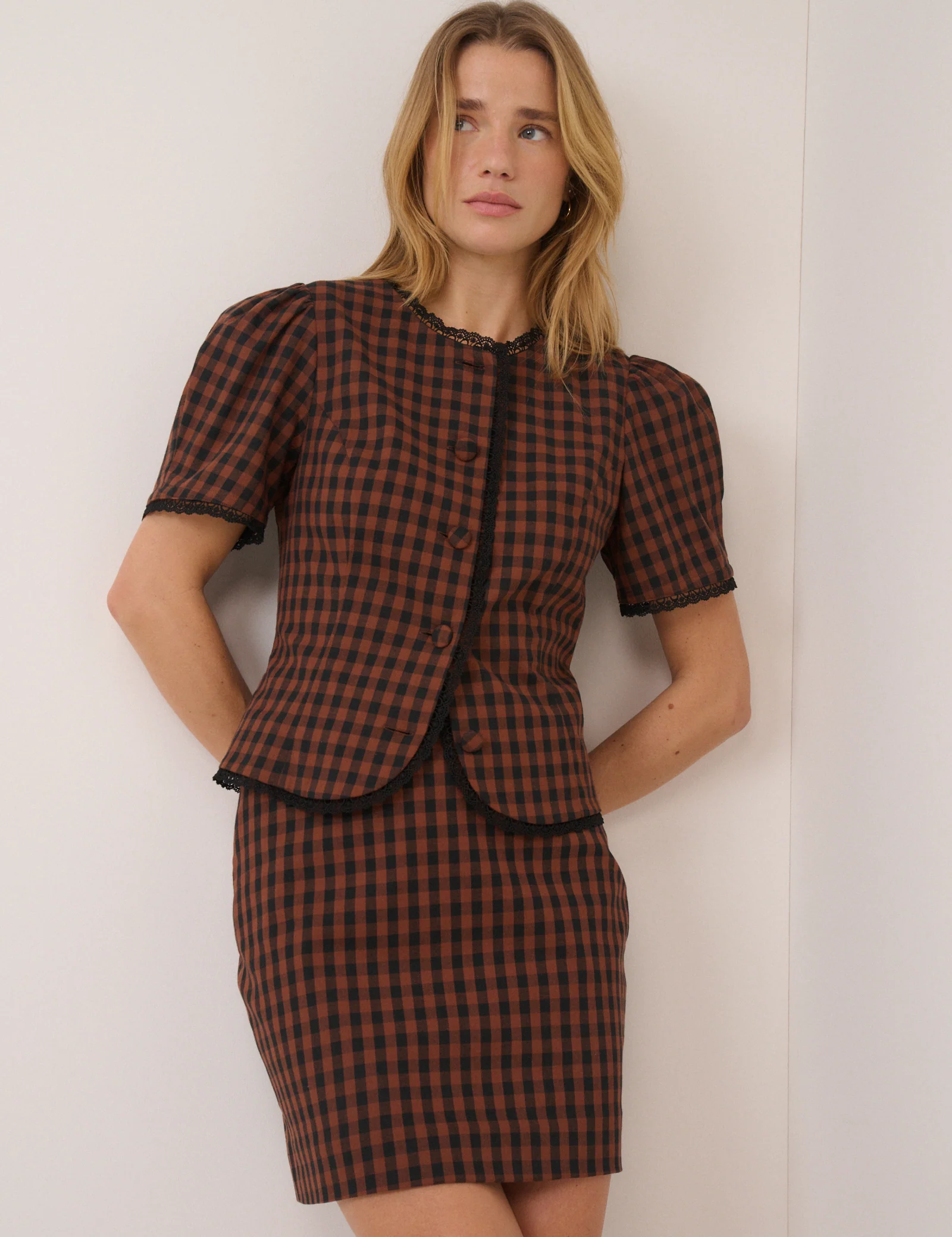 Brown Gingham Tailored Mini Skirt - Image 4