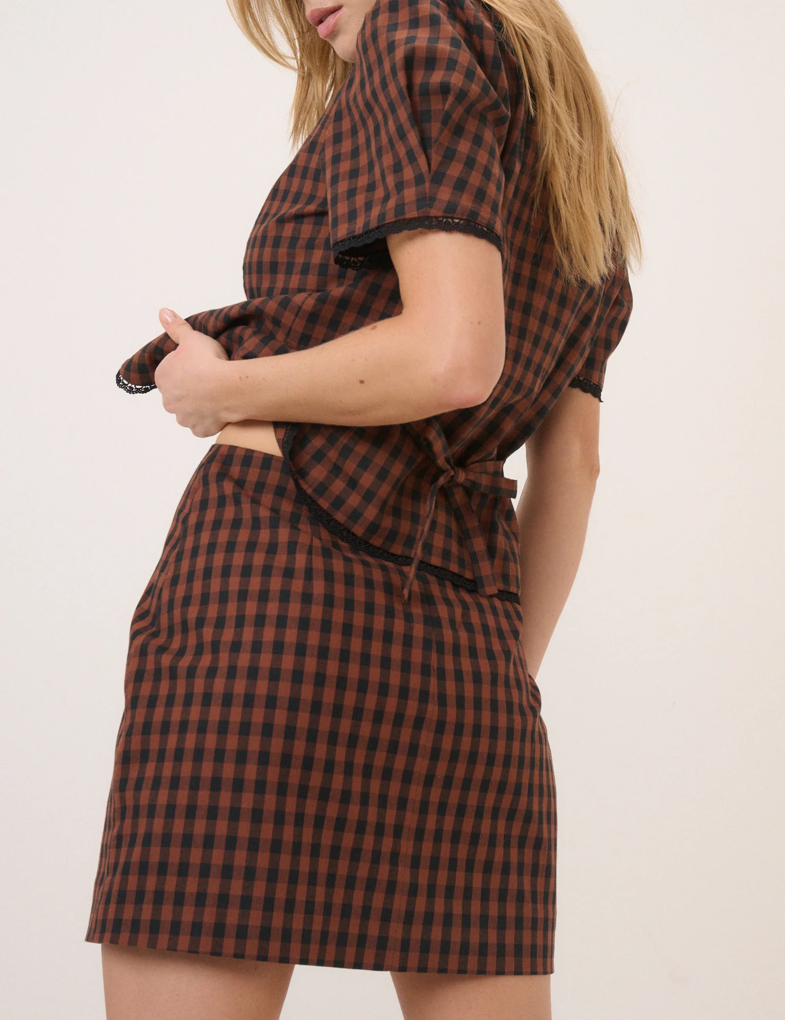 Brown Gingham Tailored Mini Skirt - Image 5