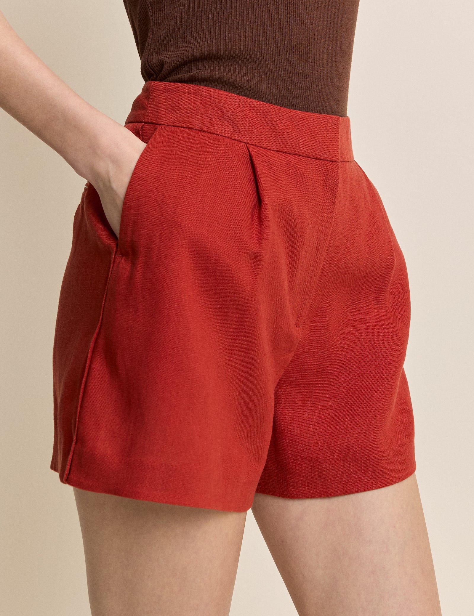 Rust Linen-Blend Tailored Shorts - Image 2