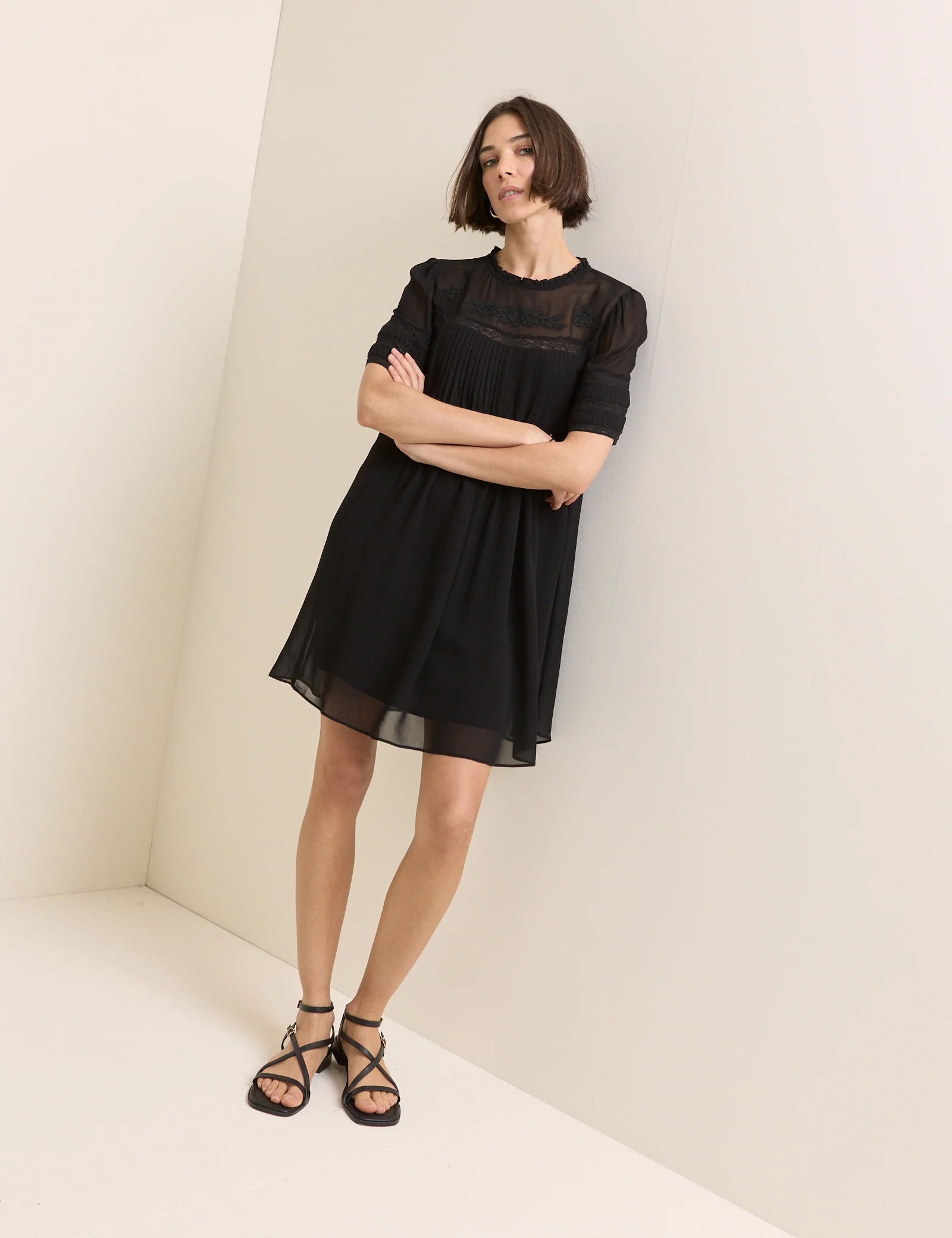 Black Pintuck Lace Trim Tally Mini Dress - Image 3