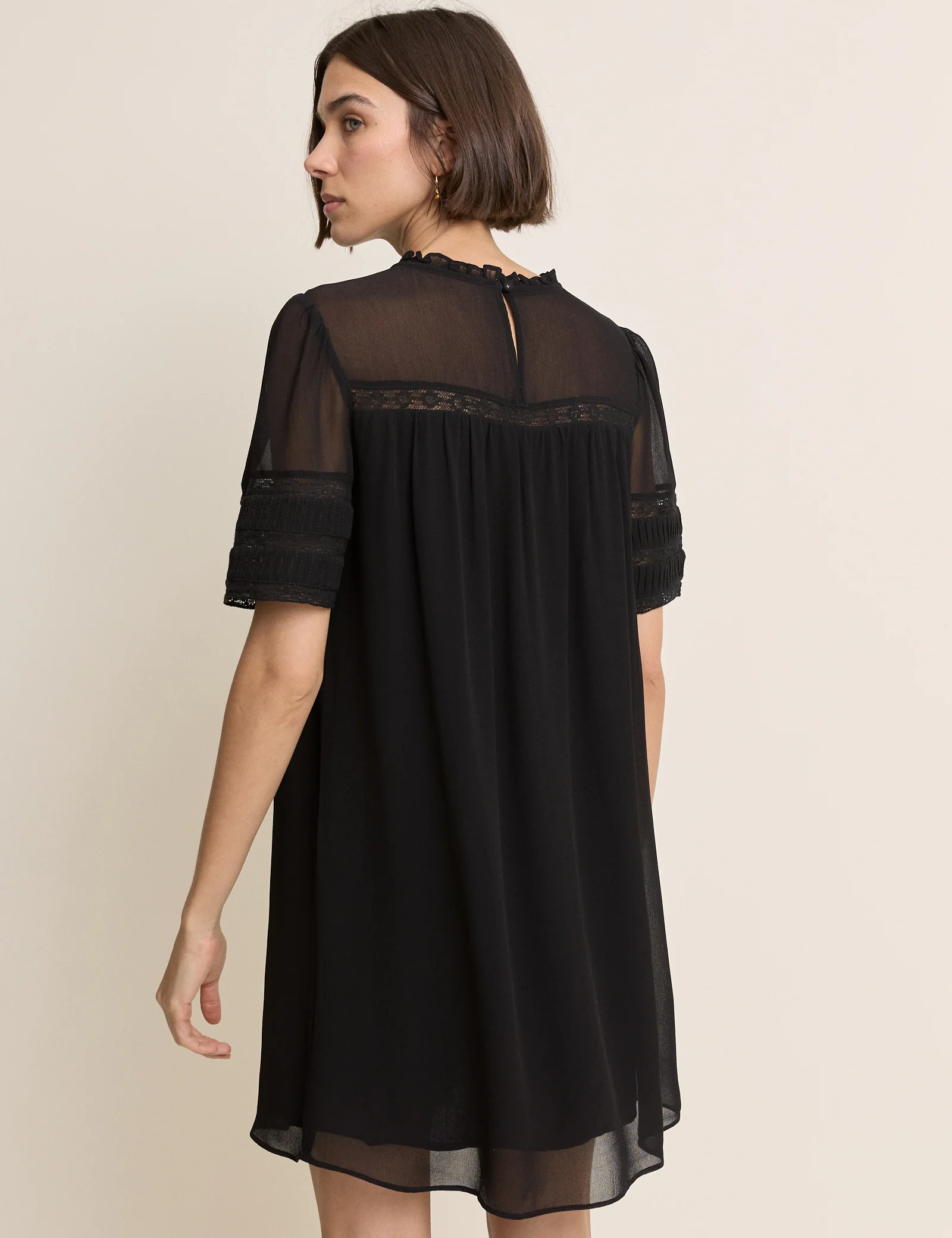 Black Pintuck Lace Trim Tally Mini Dress - Image 5