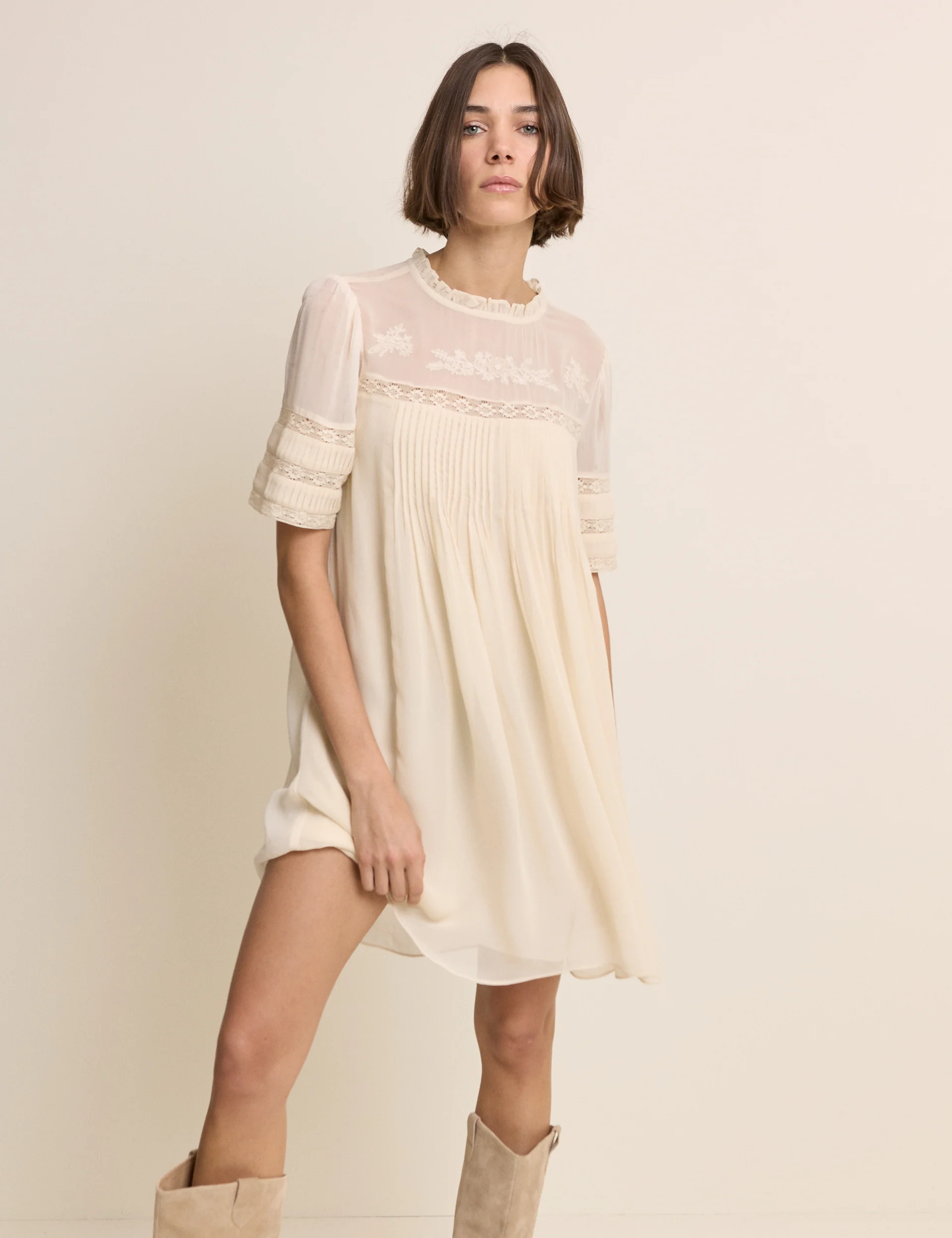 White Pintuck Lace Trim Tally Mini Dress