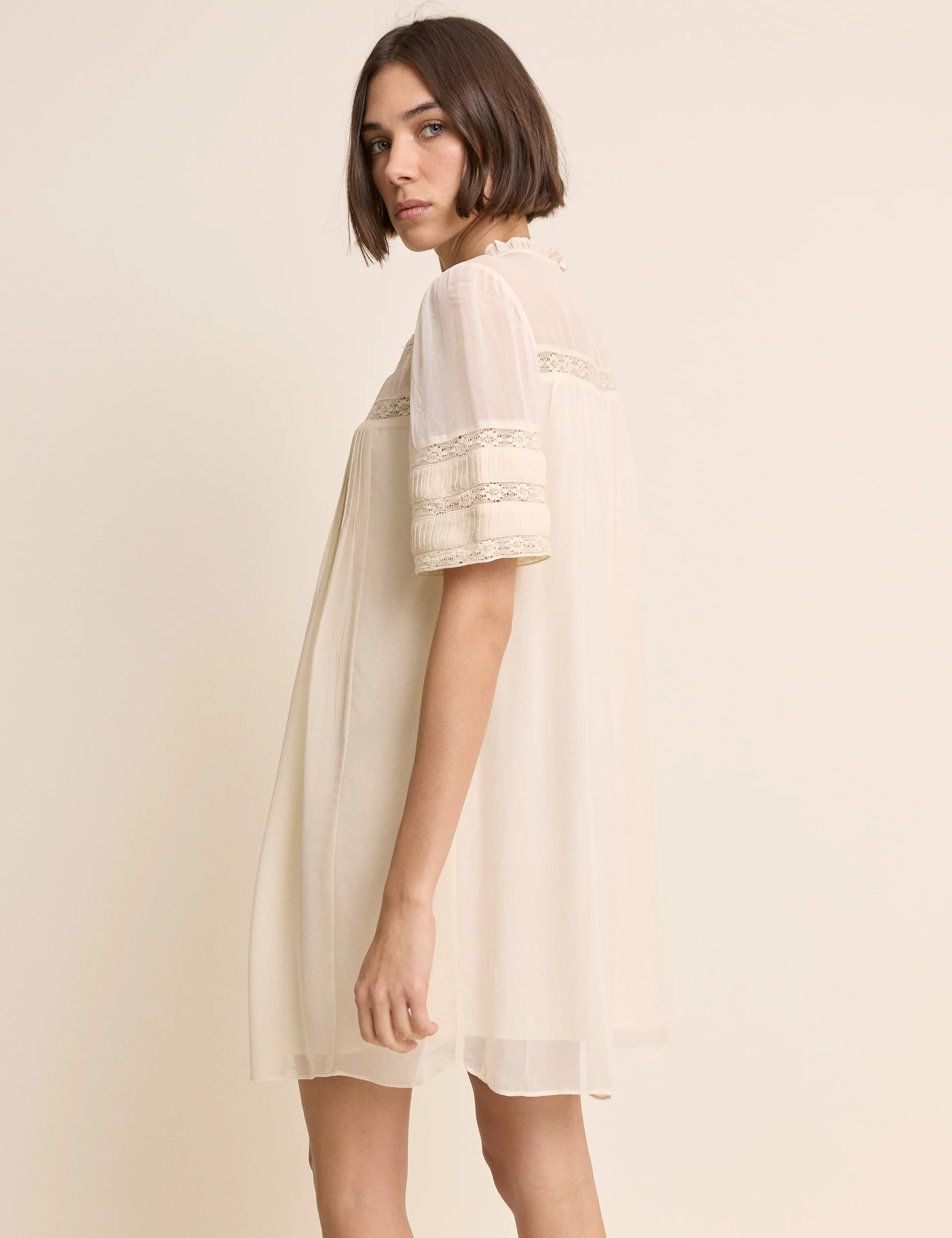 White Pintuck Lace Trim Tally Mini Dress - Image 5