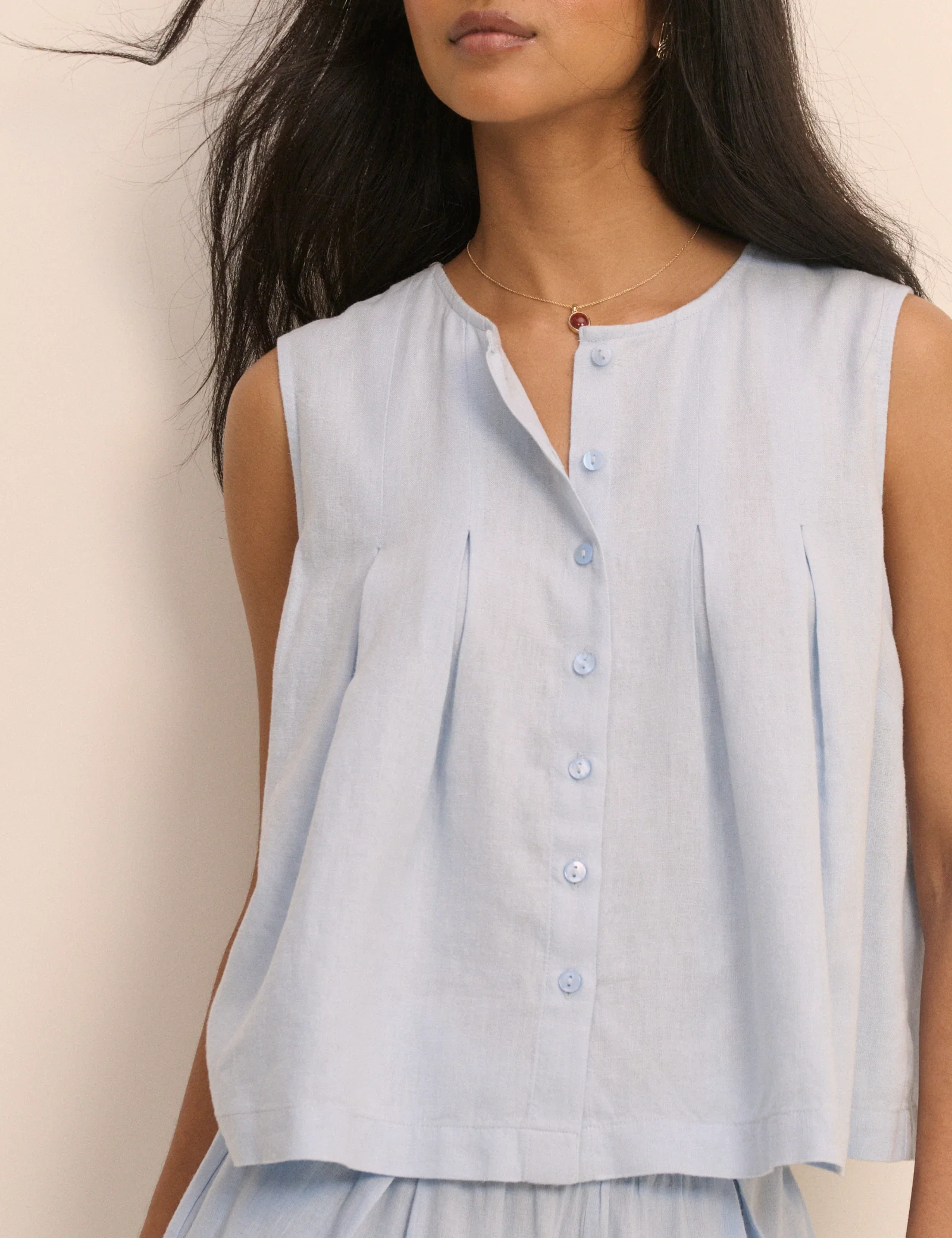 Baby Blue Pleated Shell Linen-Blend Tate Top - Image 3