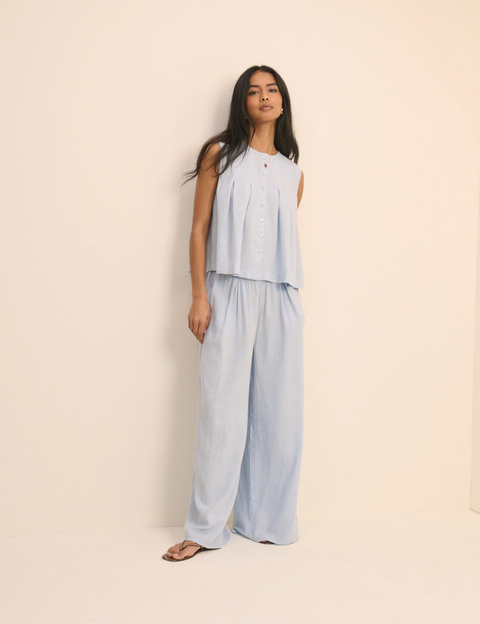 Baby Blue Pleated Shell Linen-Blend Tate Top - Image 4