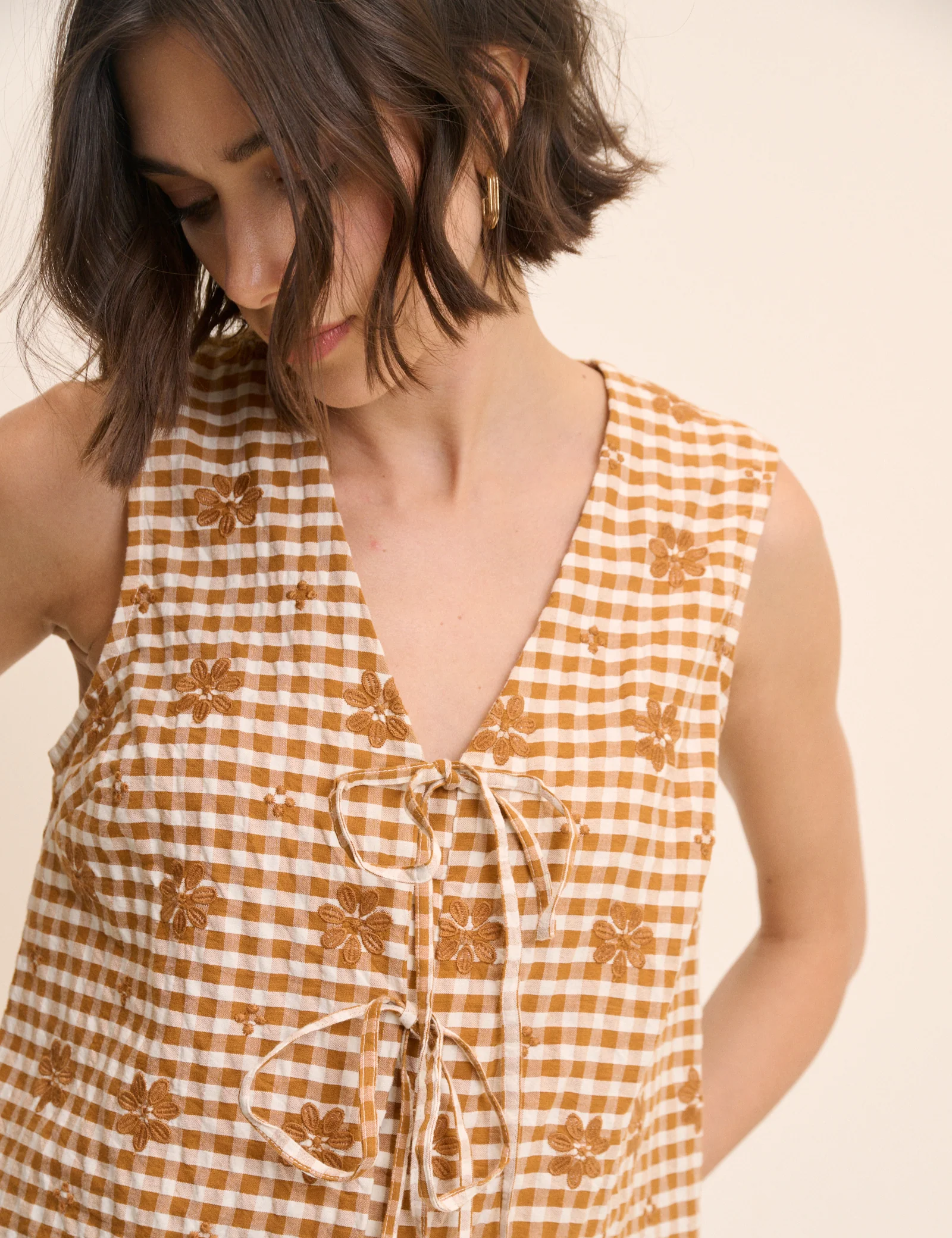 Orange Gingham Floral Tie Front Tessa Top - Image 2