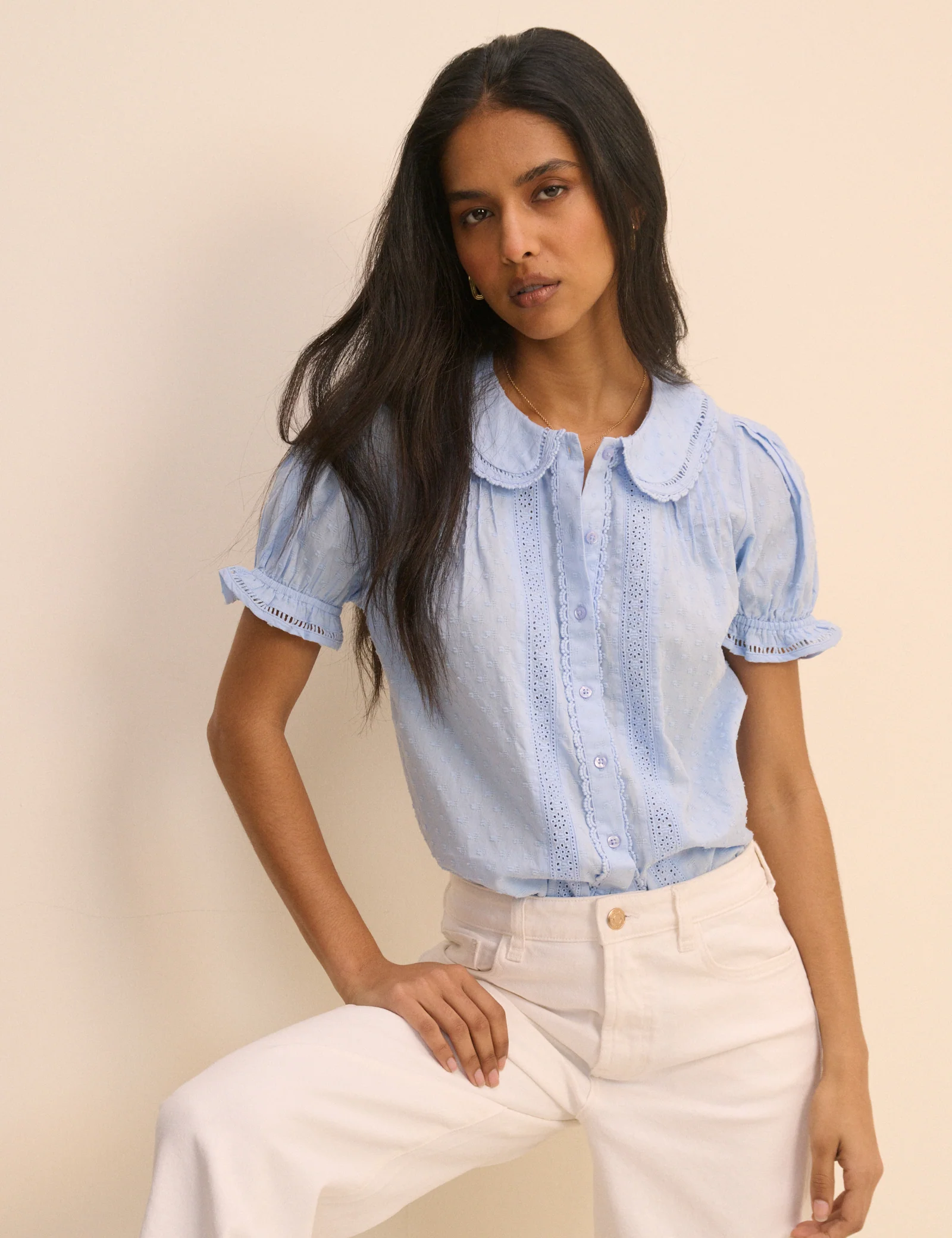 Light Blue Broderie Anglaise Peter Pan Collar Blouse - Image 3