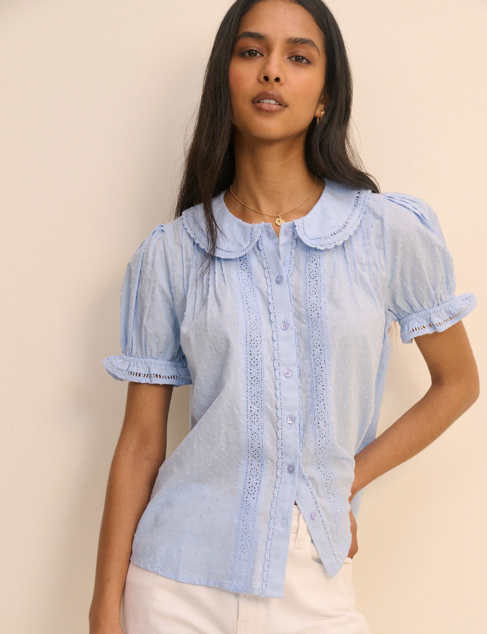 Light Blue Broderie Anglaise Peter Pan Collar Blouse - Image 5