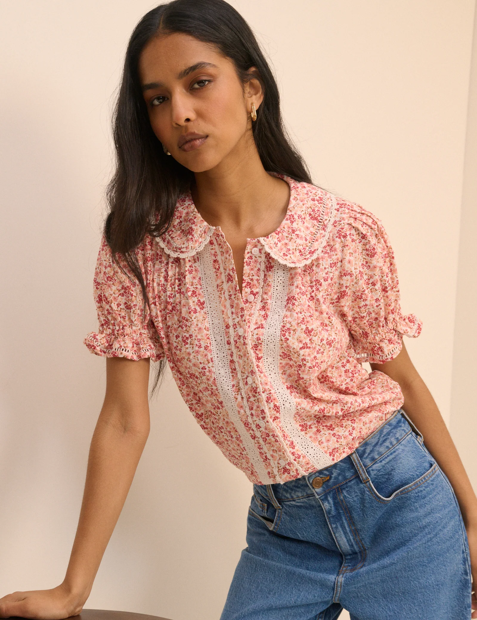 Pink Floral Broderie Anglaise Peter Pan Collar Blouse - Image 3
