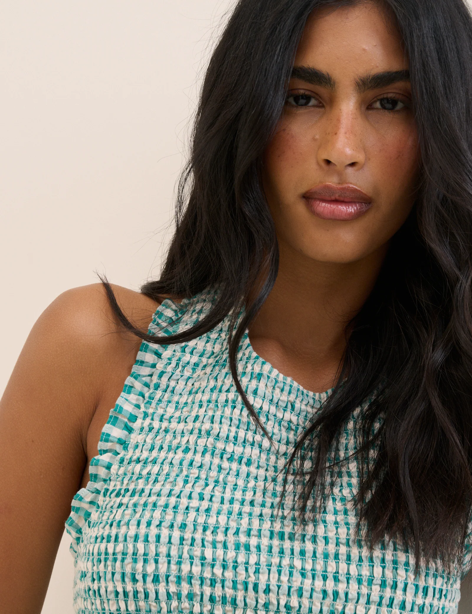 Turquoise Gingham Shirred Halterneck Tizzy Top - Image 4