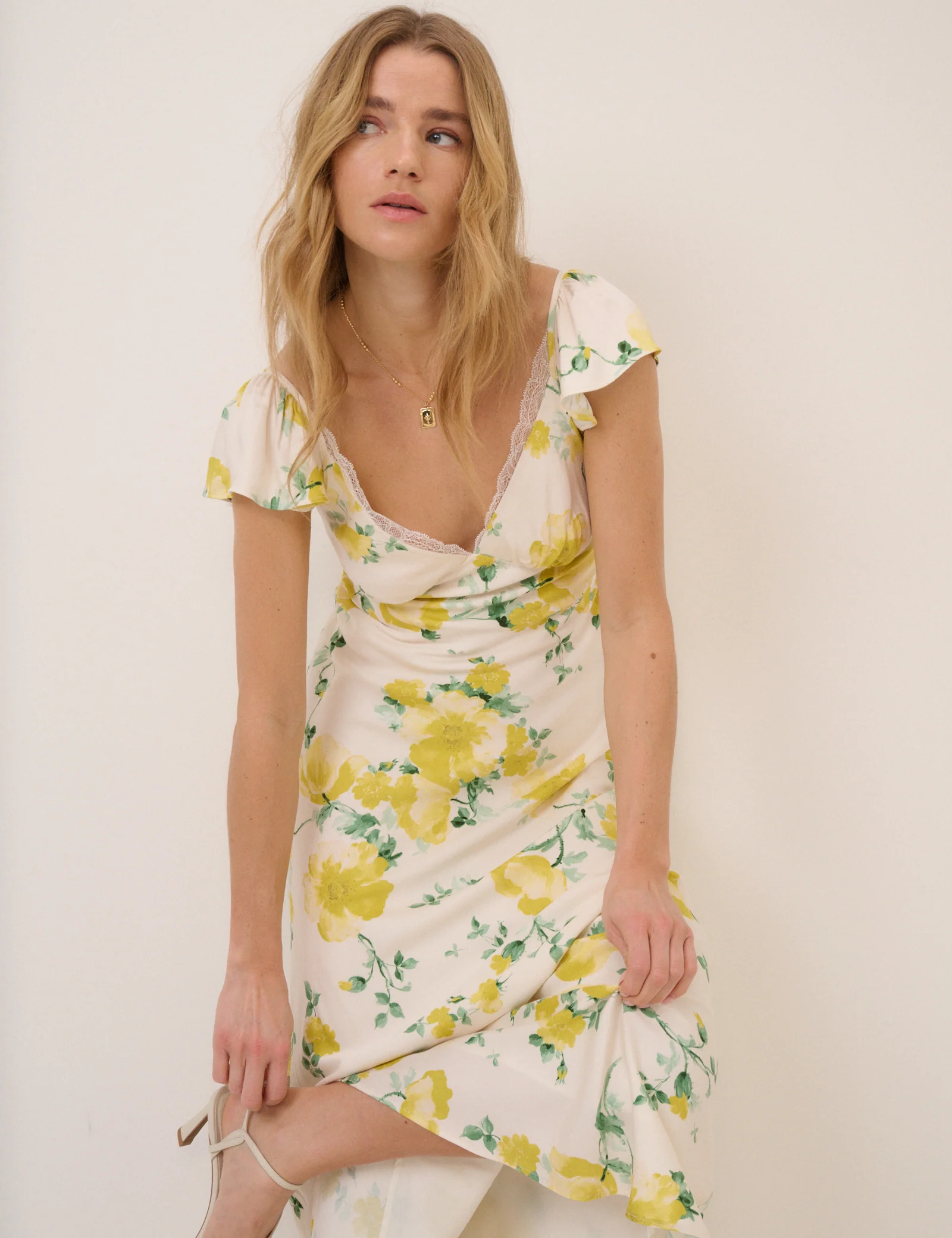 Ivory and Yellow Floral Lace Trim Tori Maxi Dress - Image 4