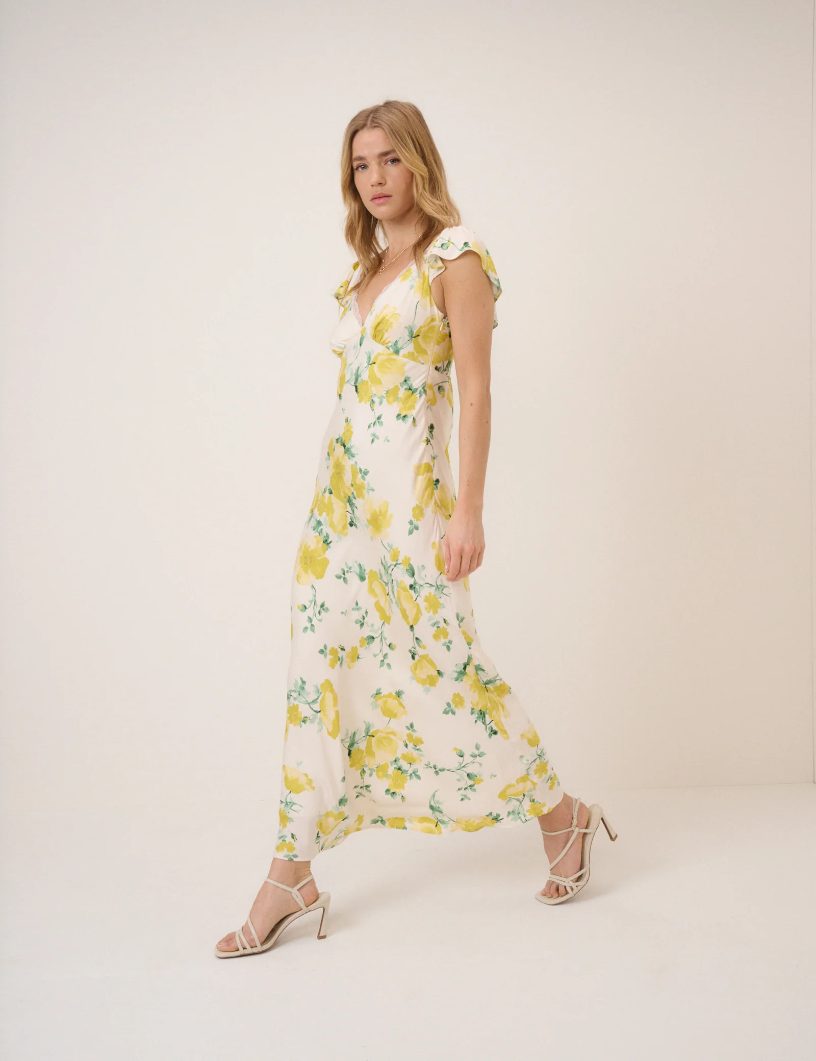 Ivory and Yellow Floral Lace Trim Tori Maxi Dress - Image 6