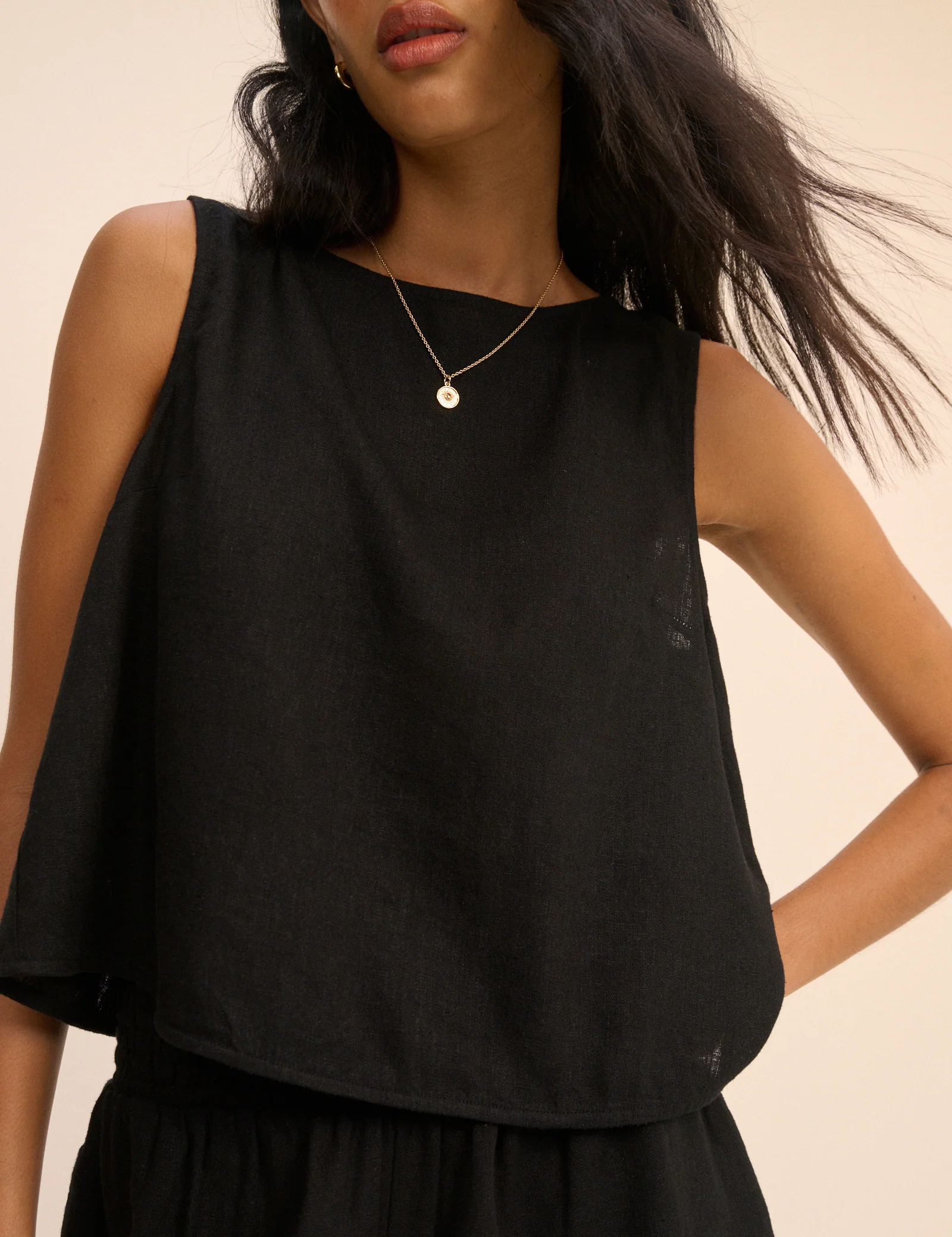 Black Wrap Detail Linen-Blend Tank Top - Image 2