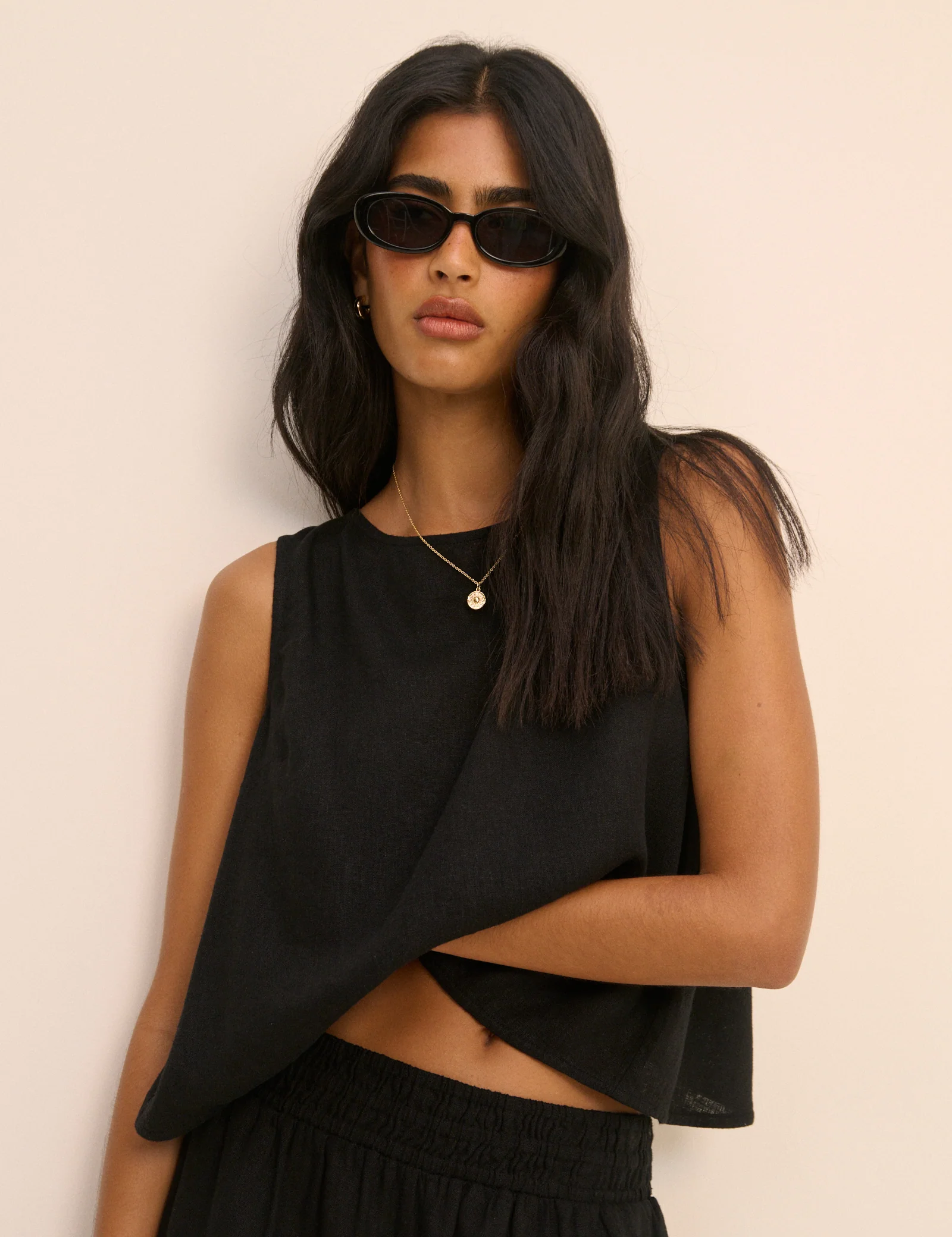 Black Wrap Detail Linen-Blend Tank Top - Image 3