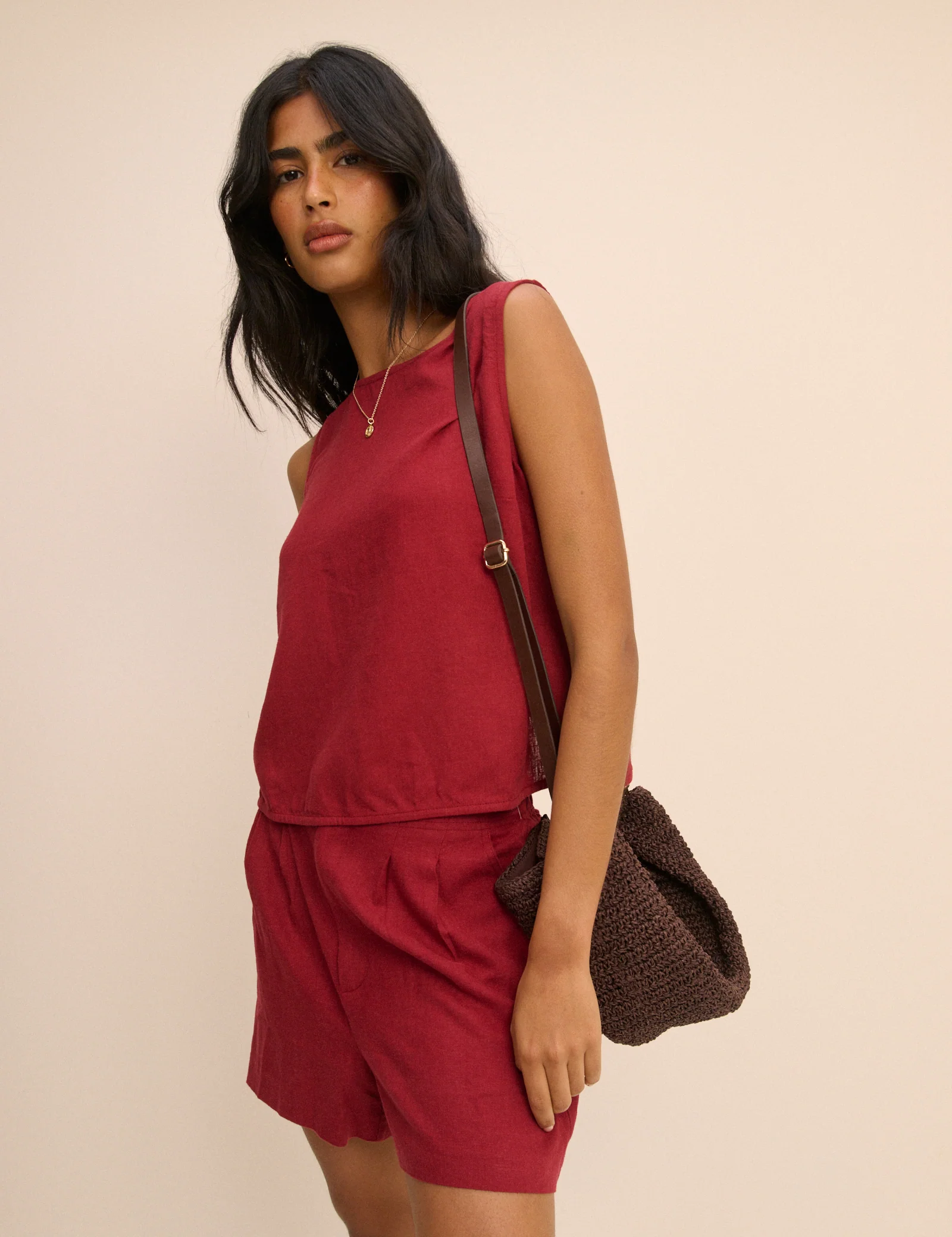 Red Linen-Blend Wrap Detail Tank Top - Image 2