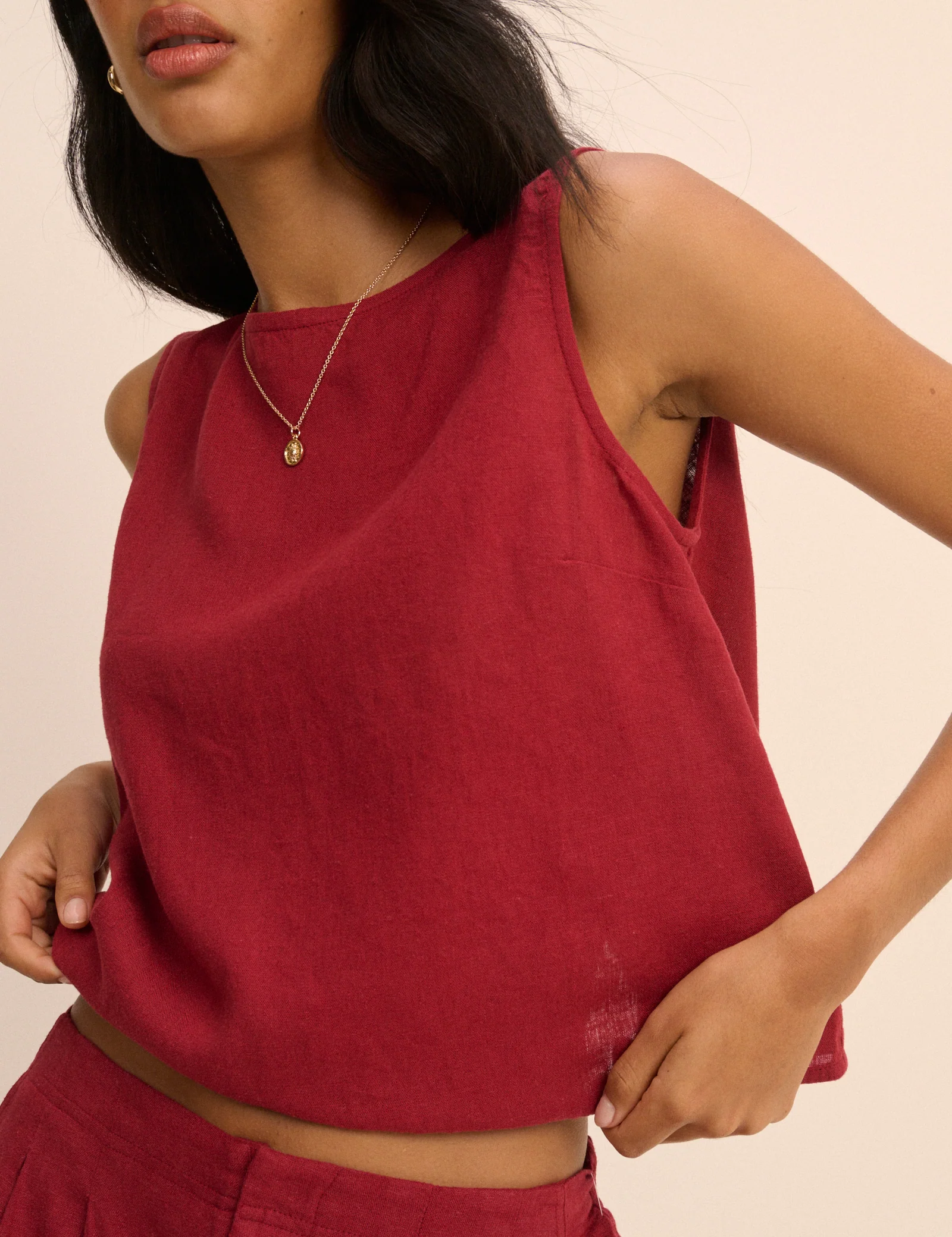 Red Linen-Blend Wrap Detail Tank Top - Image 3