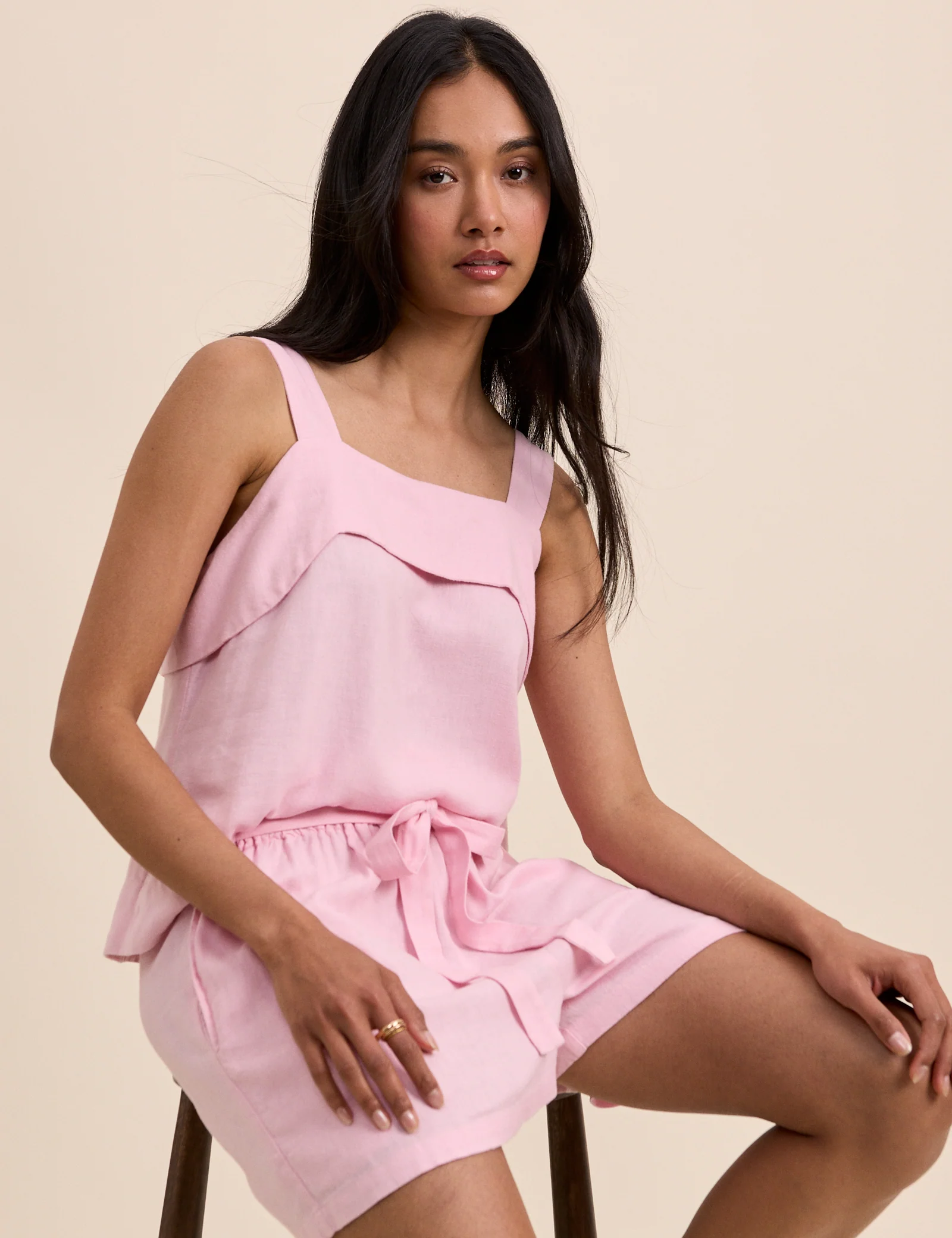Light Pink Linen-Blend Tie Detail Pull On Shorts - Image 4