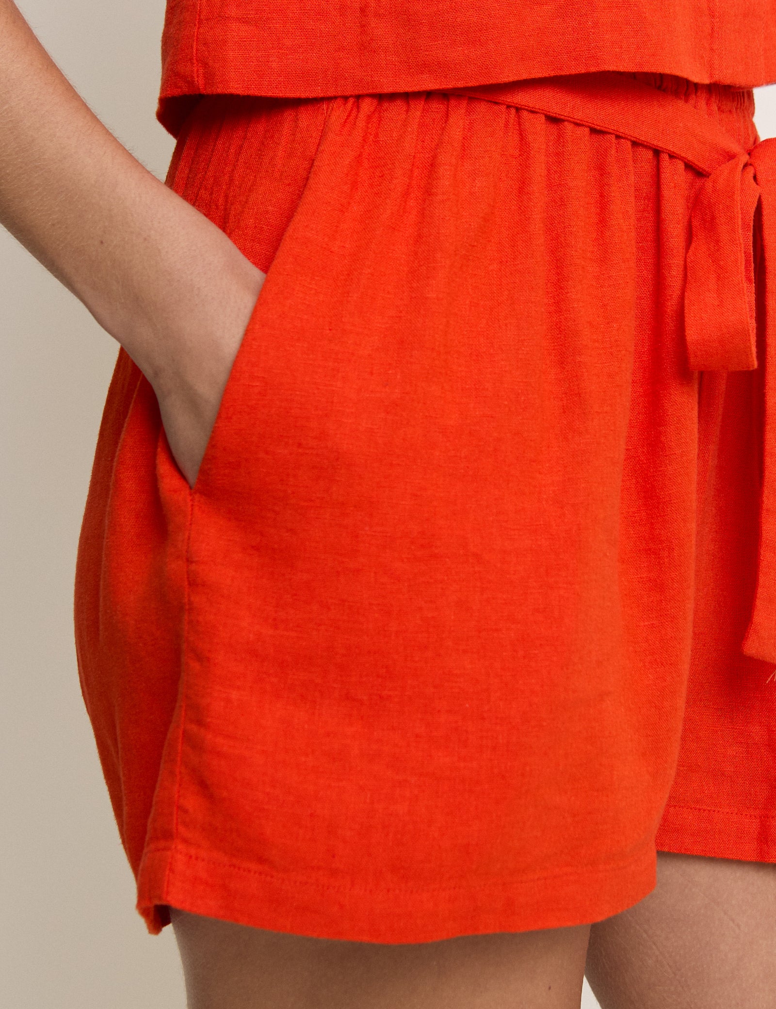 Orange Linen-Blend Tie Detail Pull On Shorts - Image 4