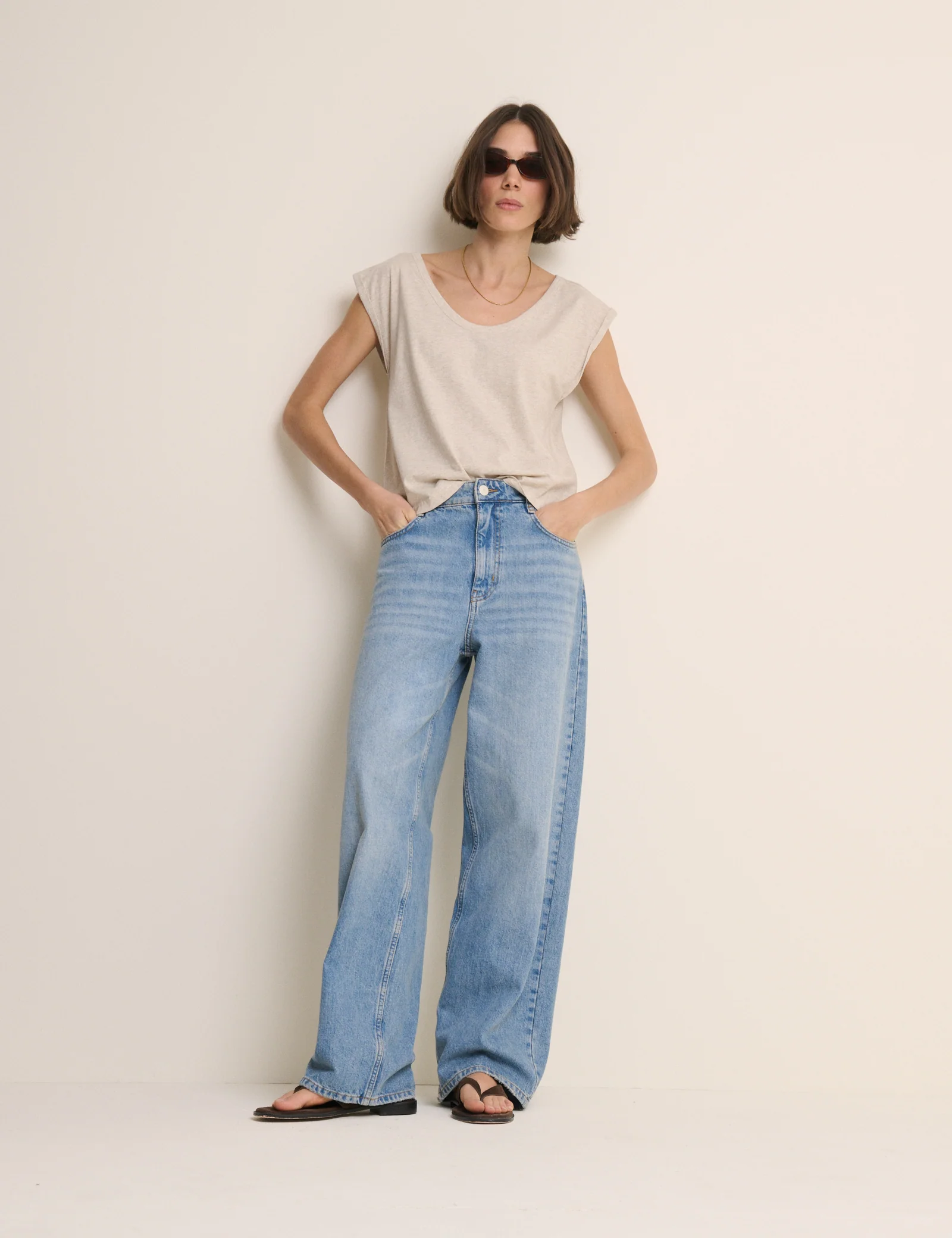Oatmeal Turn Up Sleeve Jersey Top - Image 2