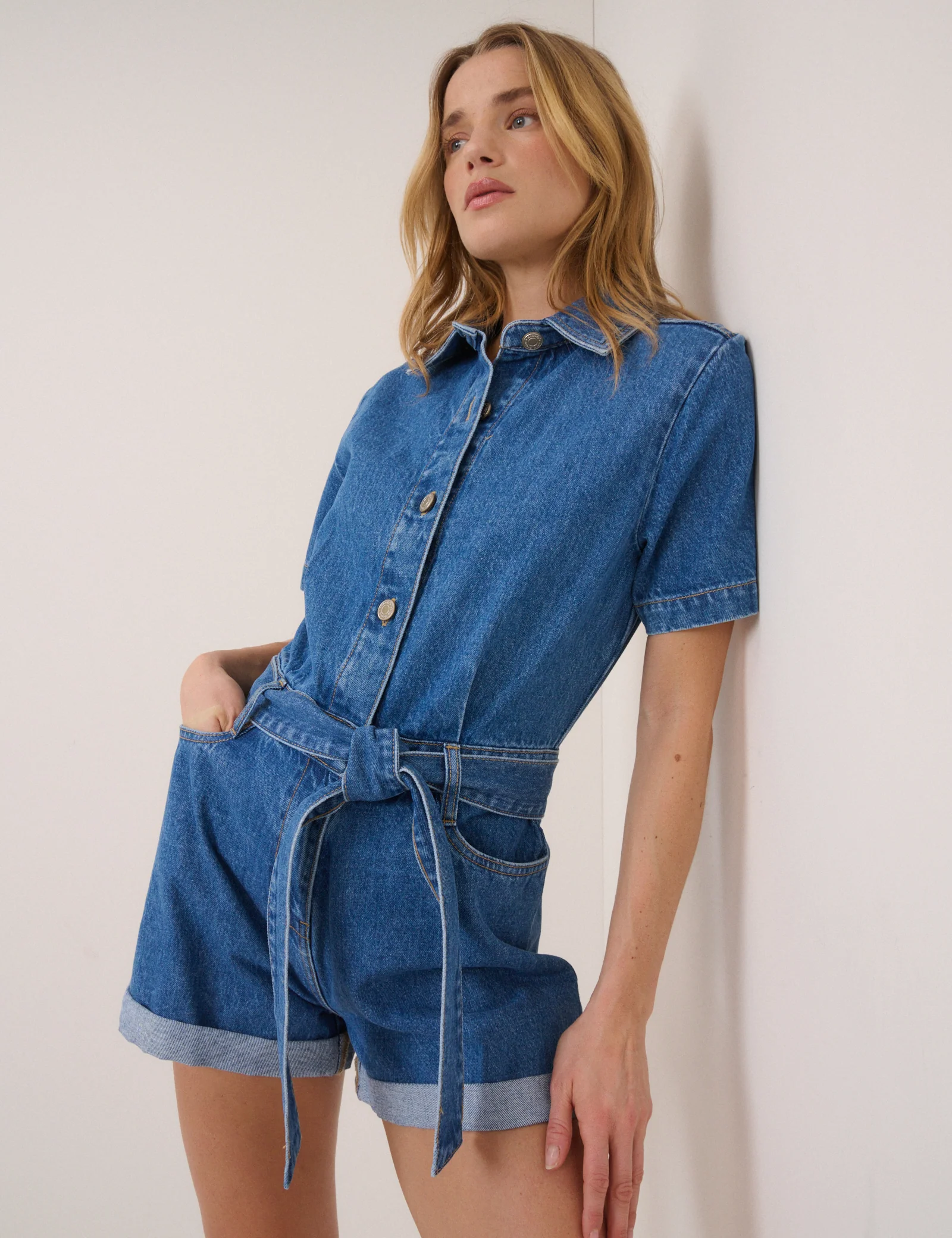 Mid Wash Tie Waist Tyler Denim Playsuit - Image 4