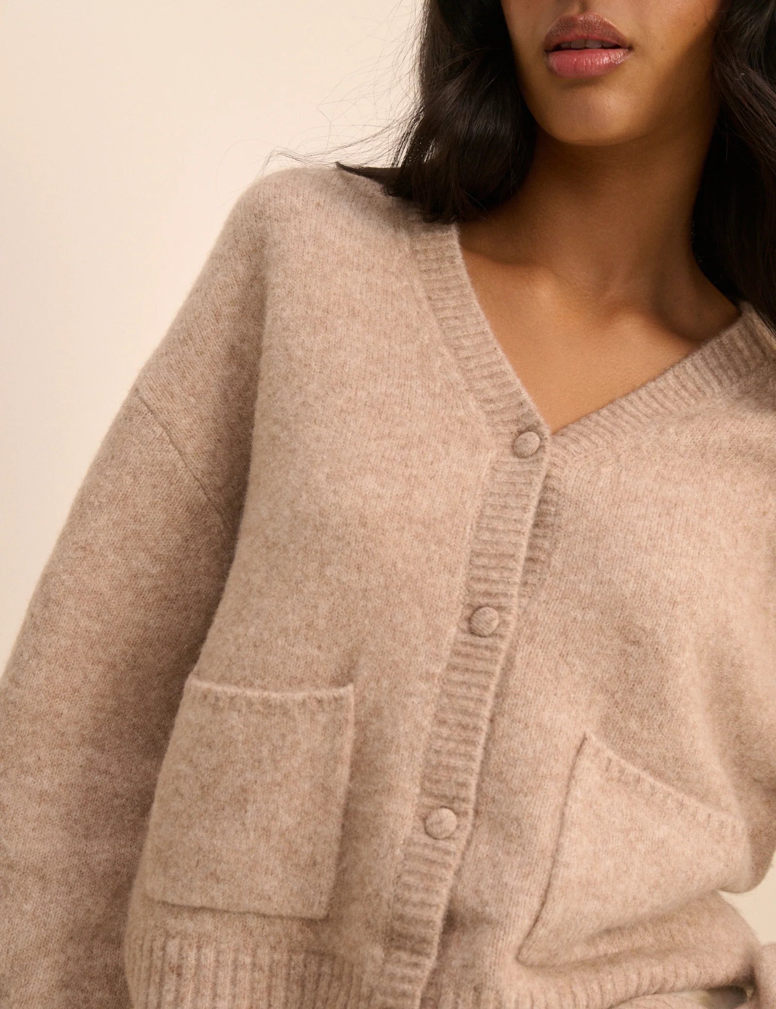 Beige V-Neck Pocket Cardigan - Image 2