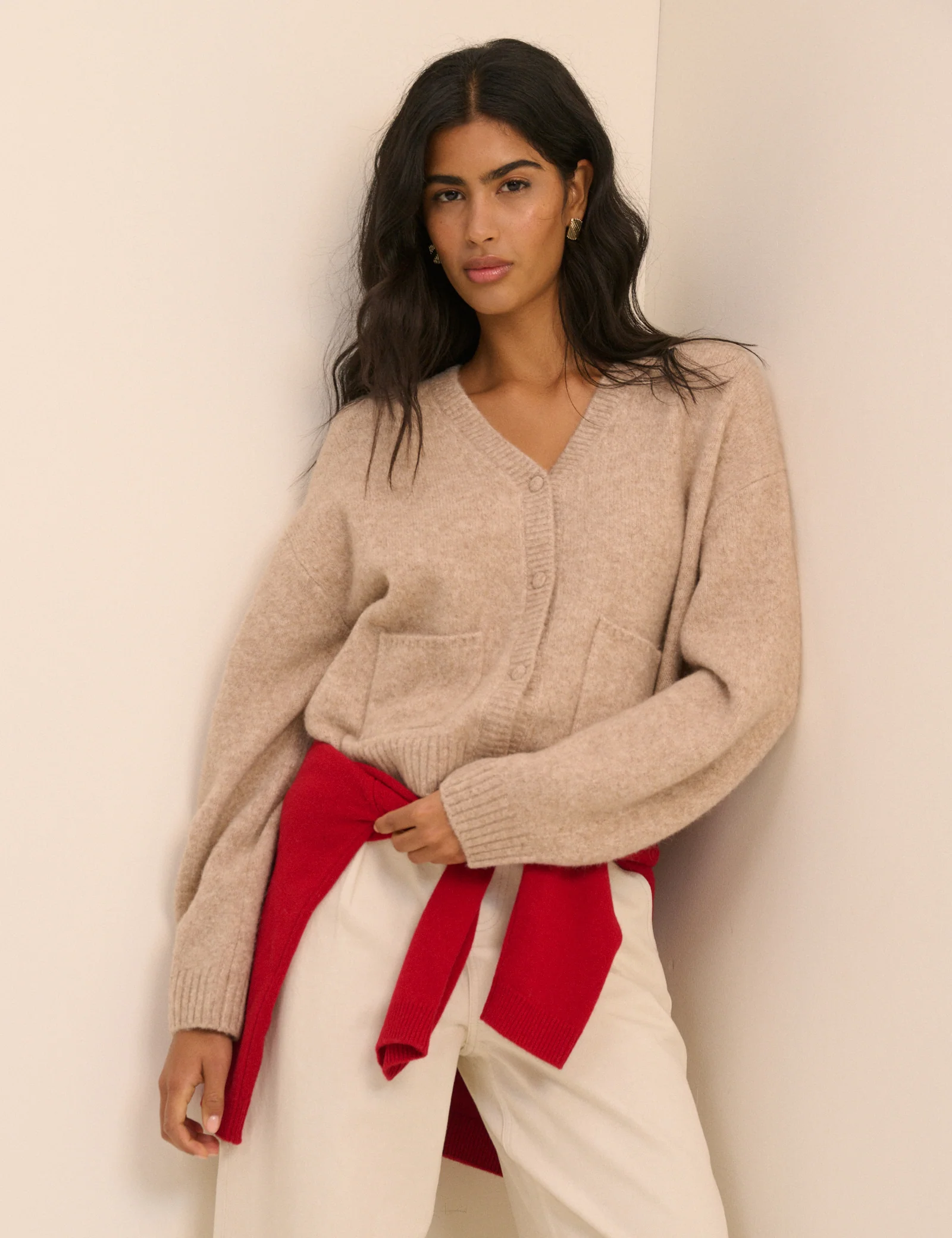 Beige V-Neck Pocket Cardigan - Image 3