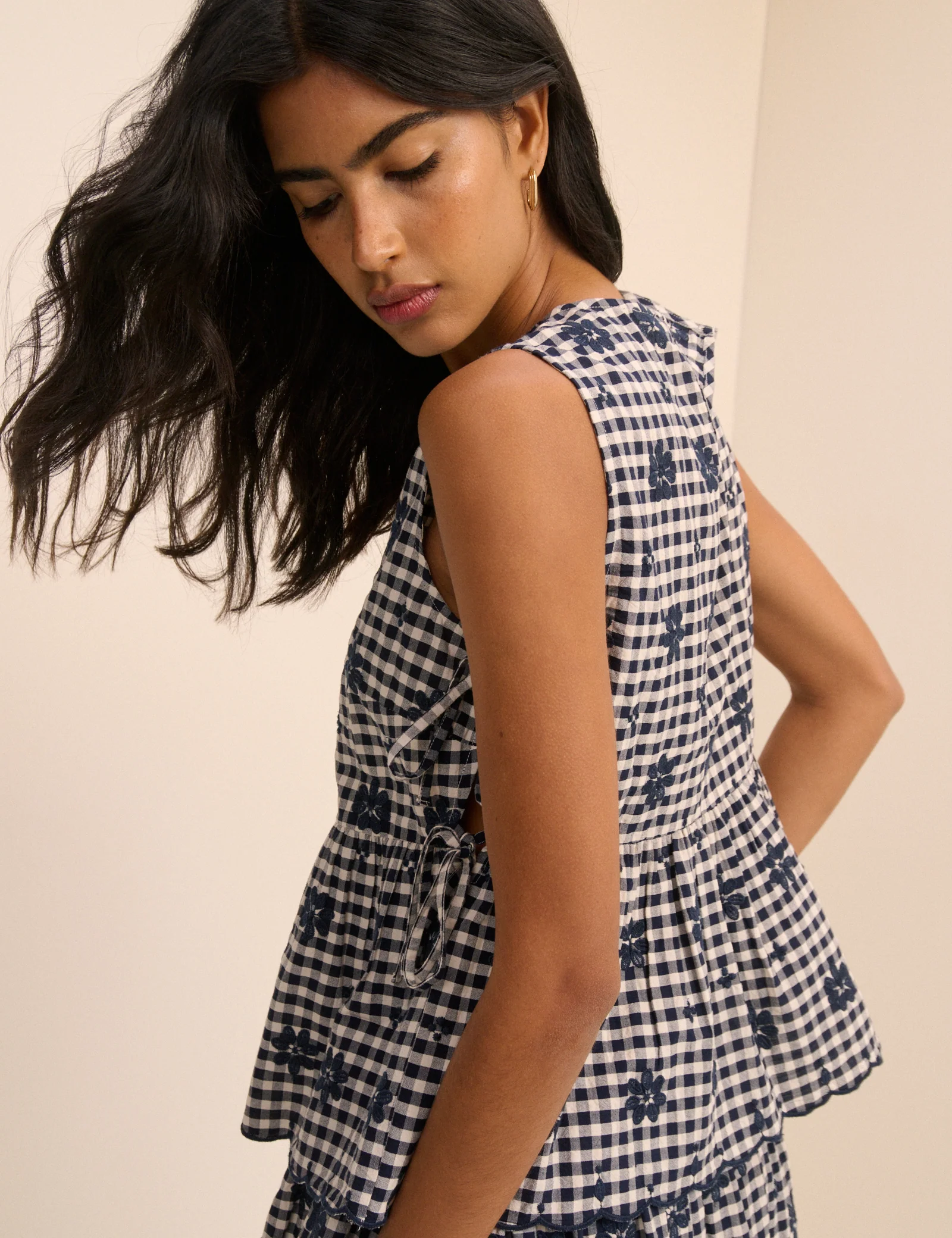 Navy Gingham Side Tie Swing Top - Image 5