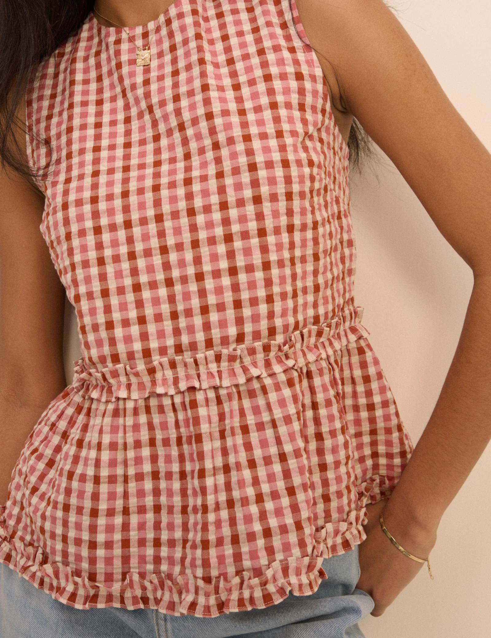 Burgundy and Pink Gingham Frilled Vanessa Peplum Top - Image 3