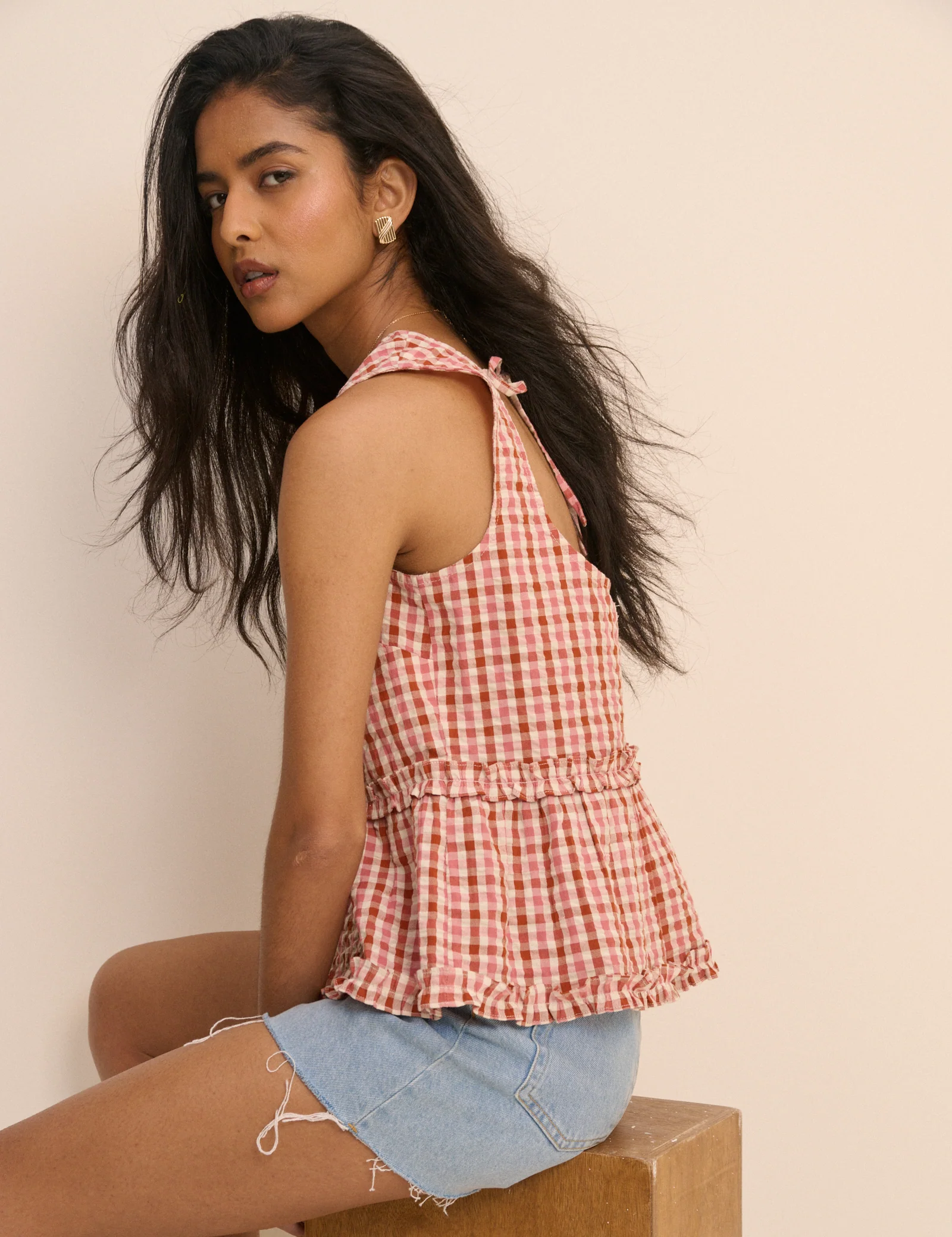 Burgundy and Pink Gingham Frilled Vanessa Peplum Top - Image 4