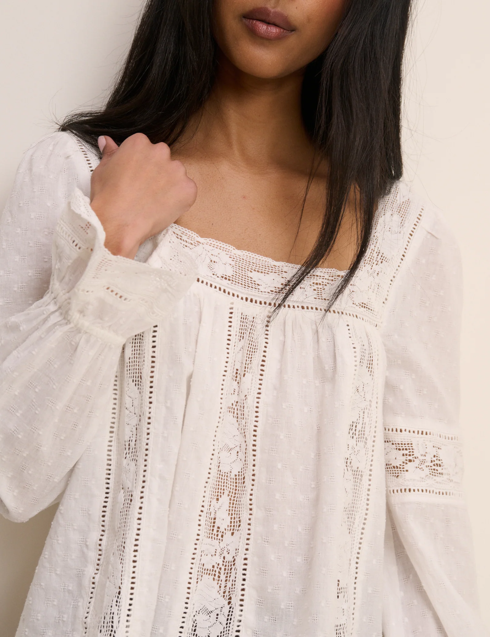 White Lace Trim Long Sleeve Blouse - Image 2