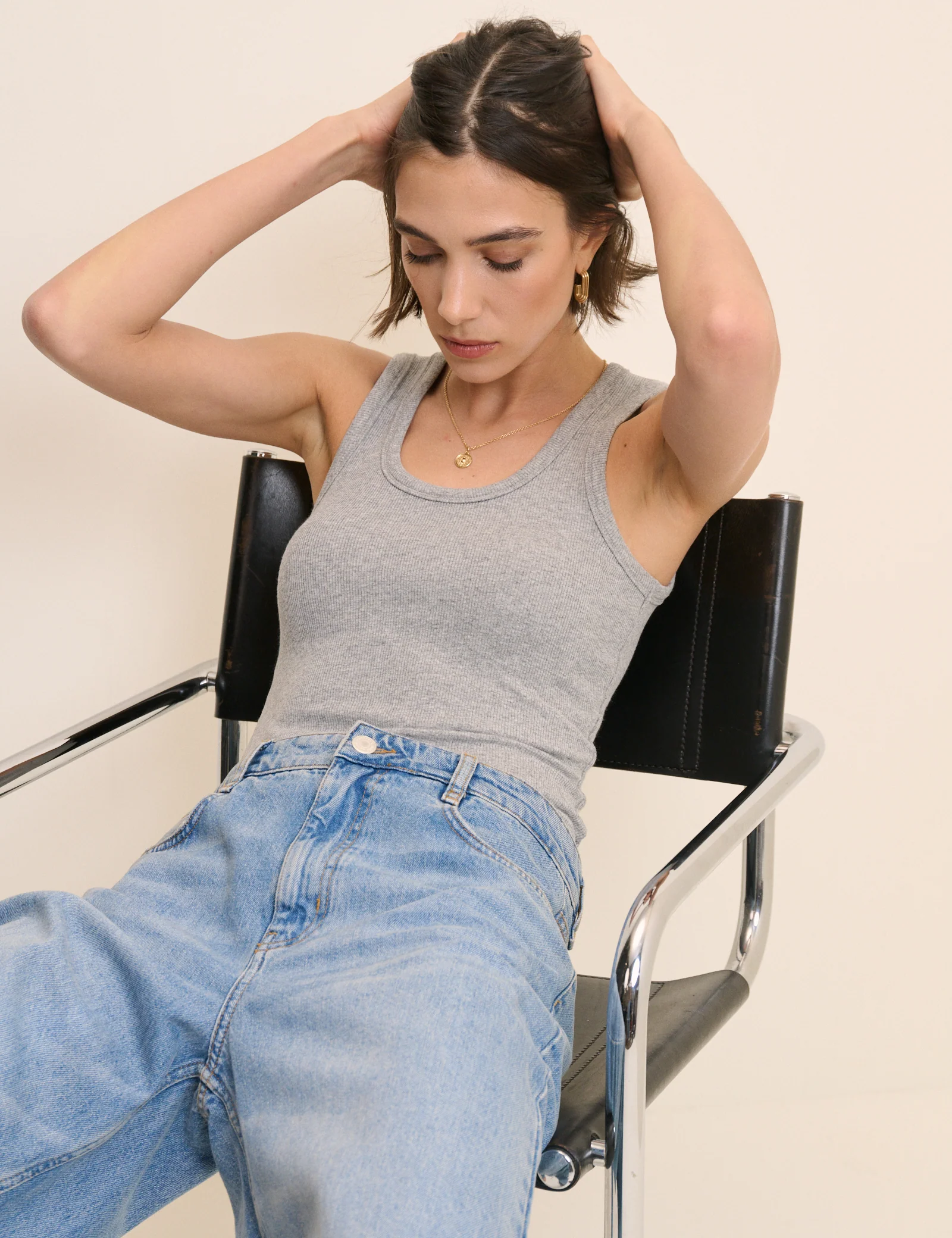 Grey Ribbed Scoop Neck Vest Top - Image 4