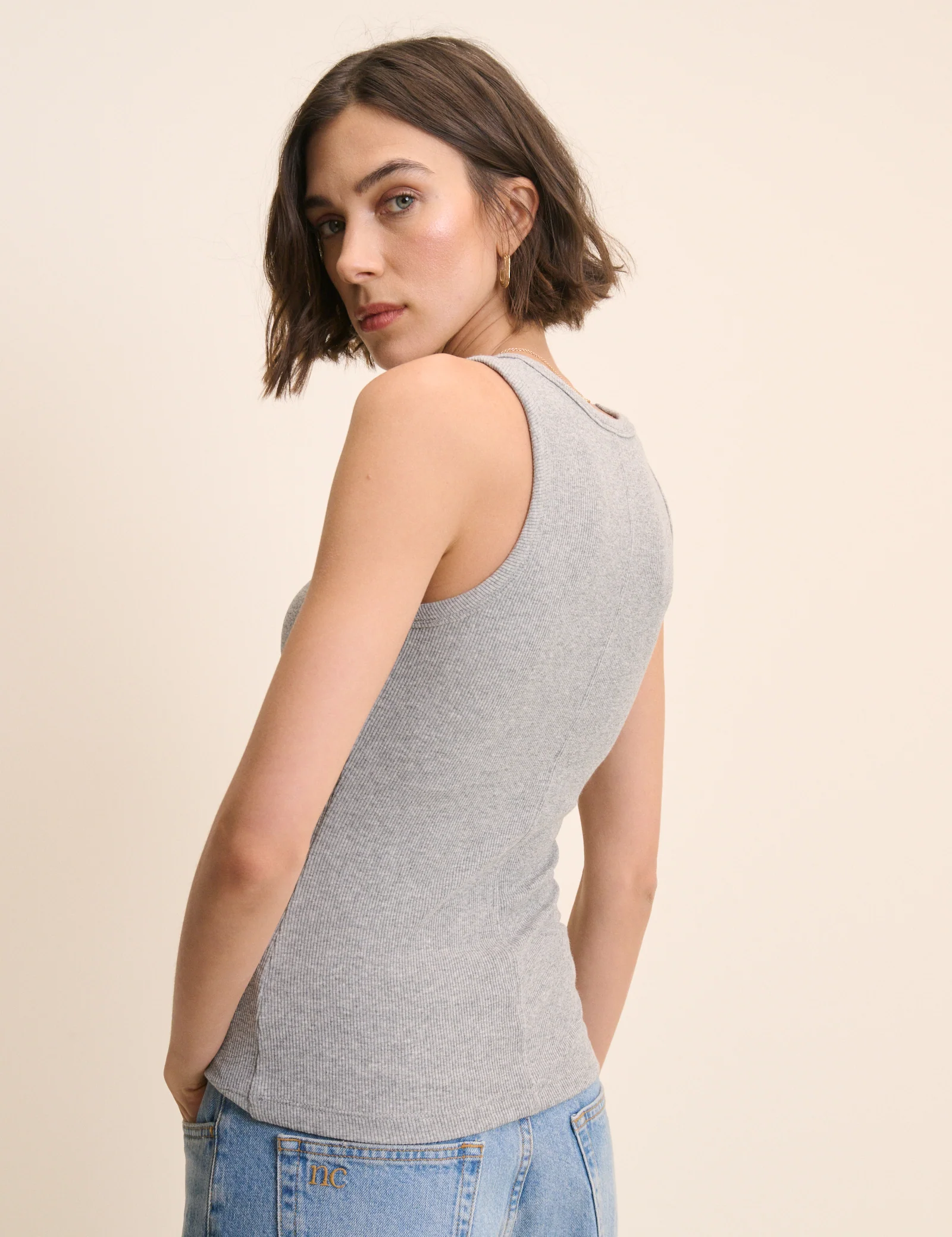 Grey Ribbed Scoop Neck Vest Top - Image 5