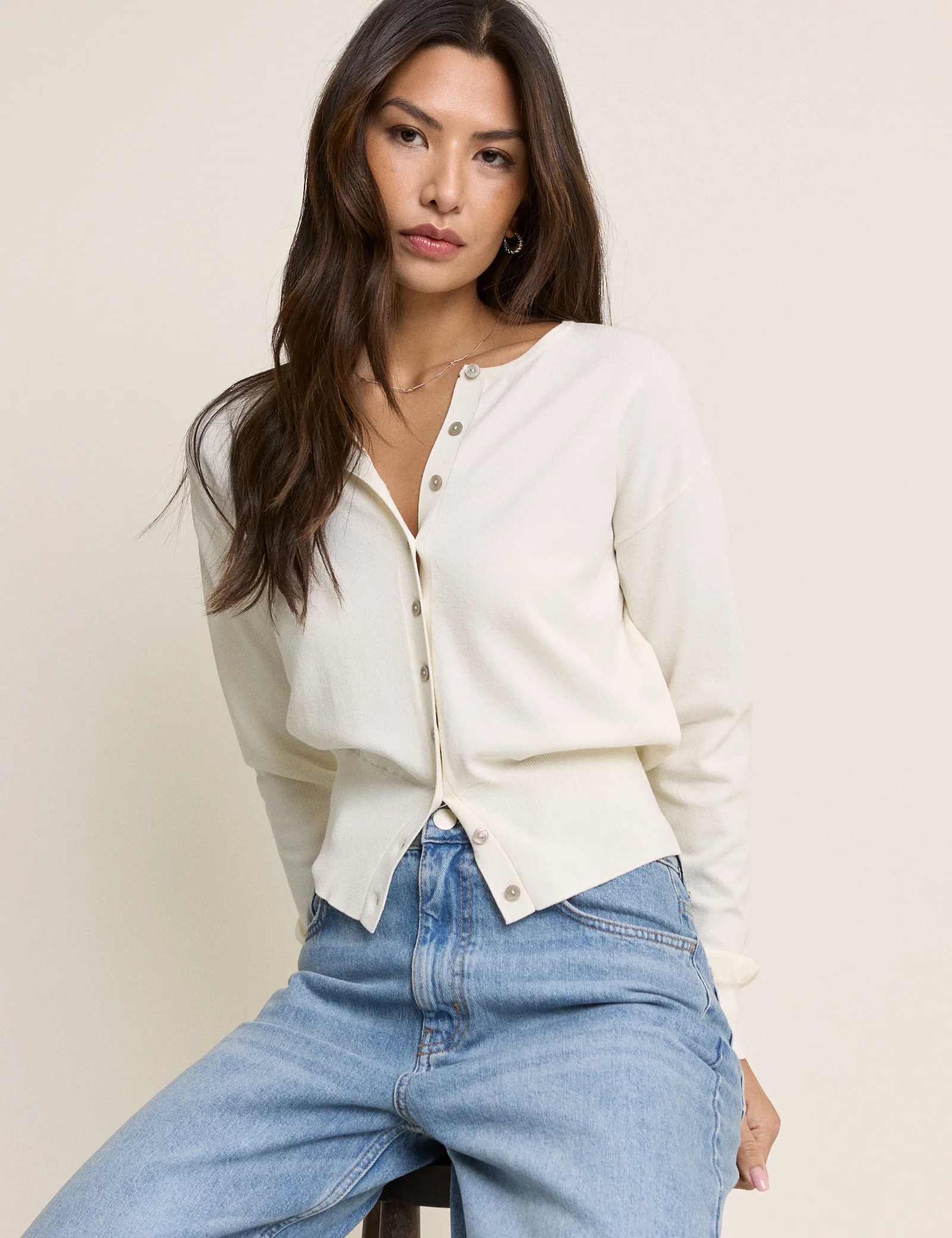 White Waisted Crew Neck Cardigan