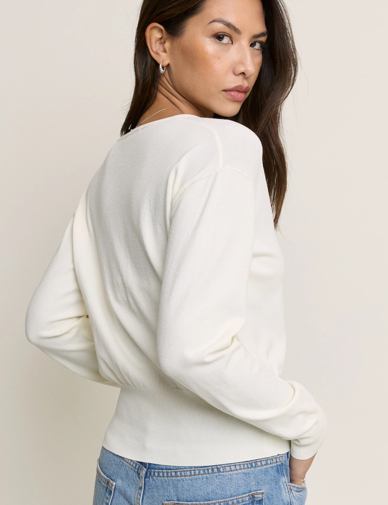 White Waisted Crew Neck Cardigan - Image 5