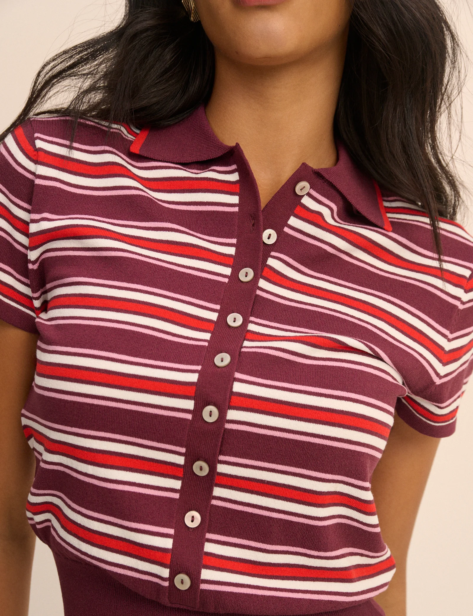 Red and Burgundy Striped Knitted Polo Top - Image 3