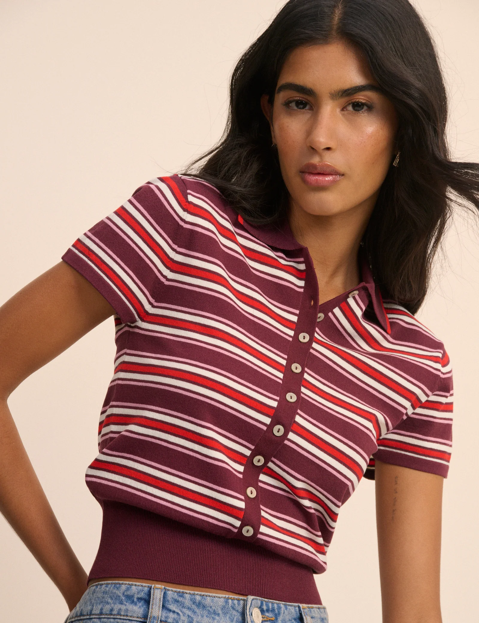 Red and Burgundy Striped Knitted Polo Top - Image 4