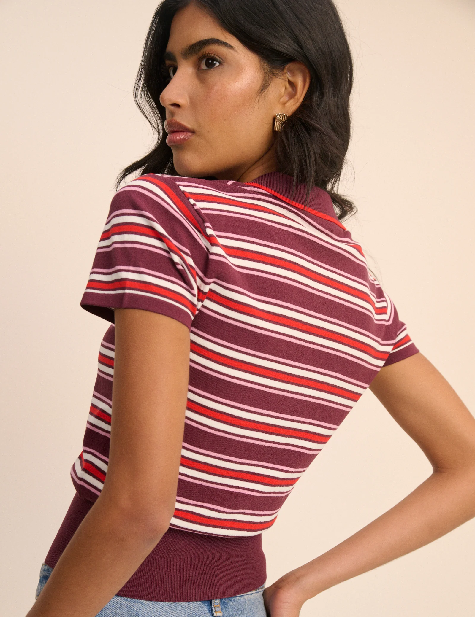 Red and Burgundy Striped Knitted Polo Top - Image 5