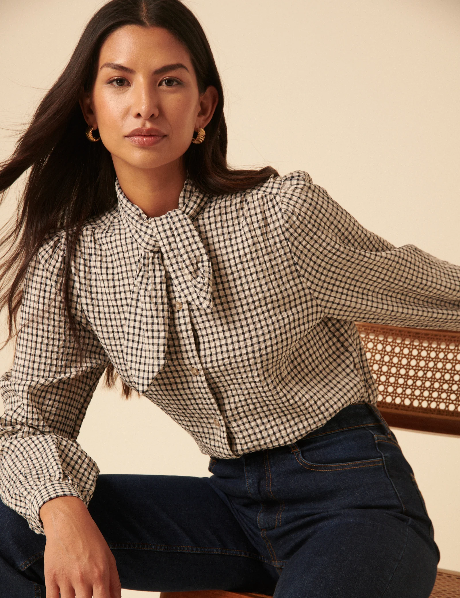 White Check Tie Neck Shirt