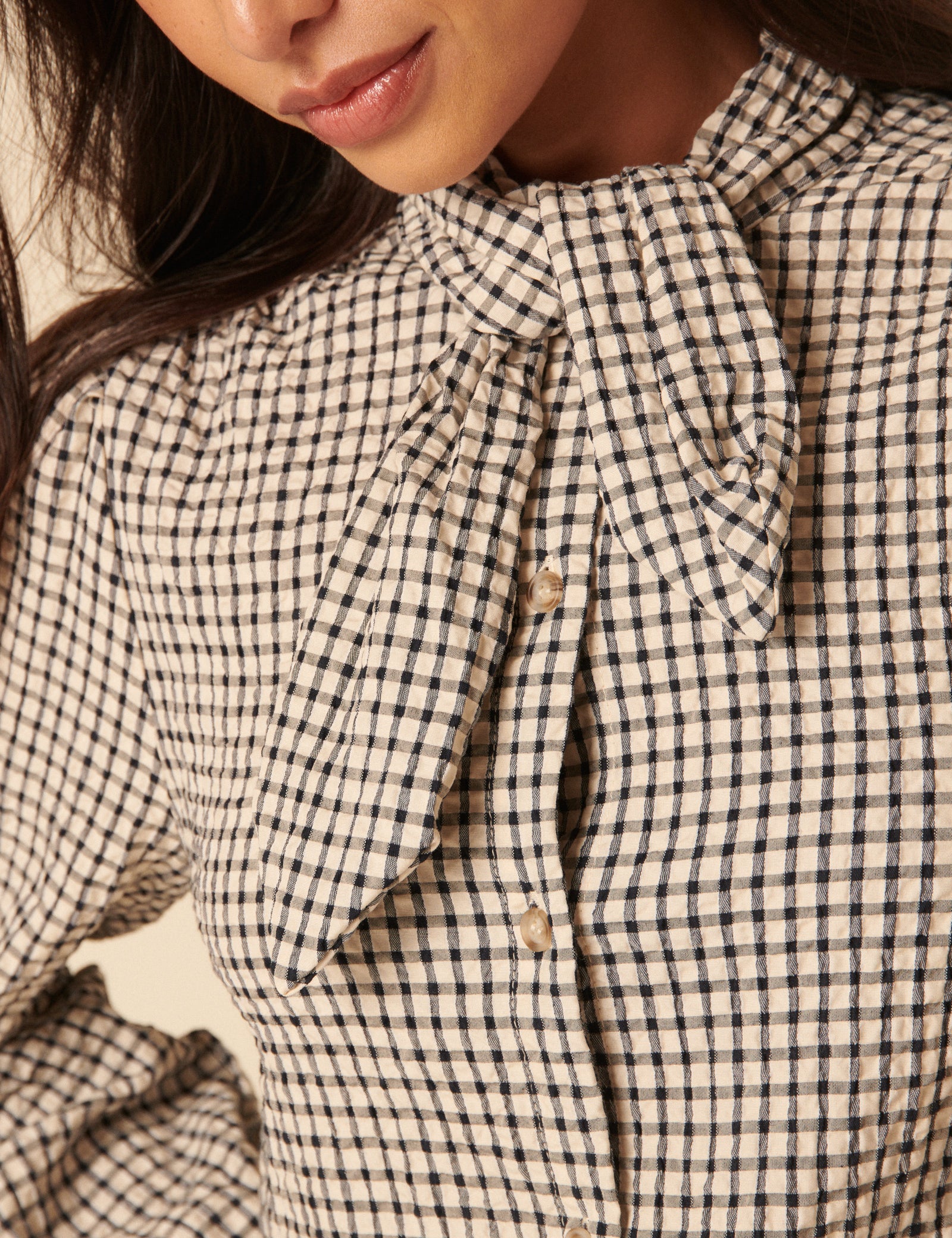 White Check Tie Neck Shirt - Image 2