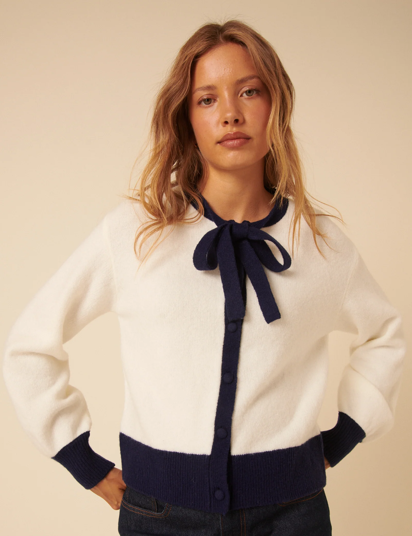 White Contrast Trim Tie Neck Cardigan