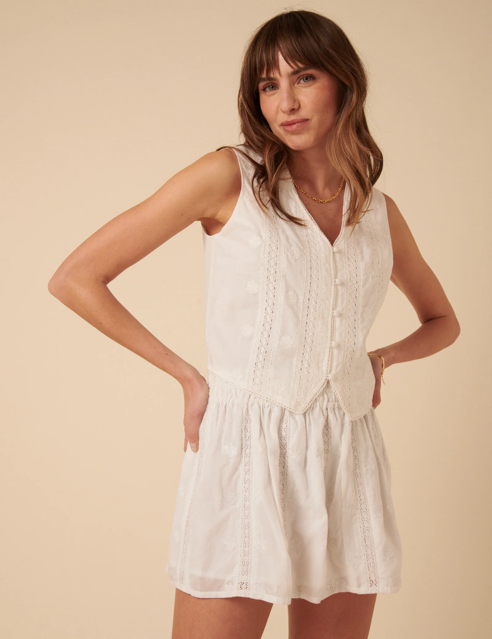 White Embroidered Lace Trim Mini Skirt