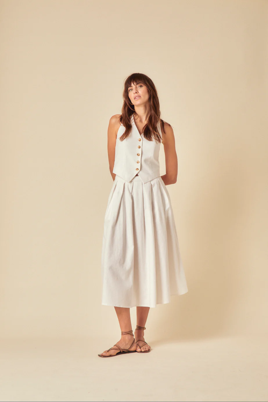 White Linen-Blend Pleated Tailored Midi Skirt