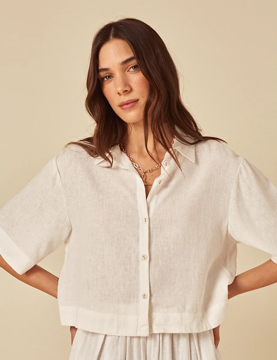 White Linen-Blend Shirt