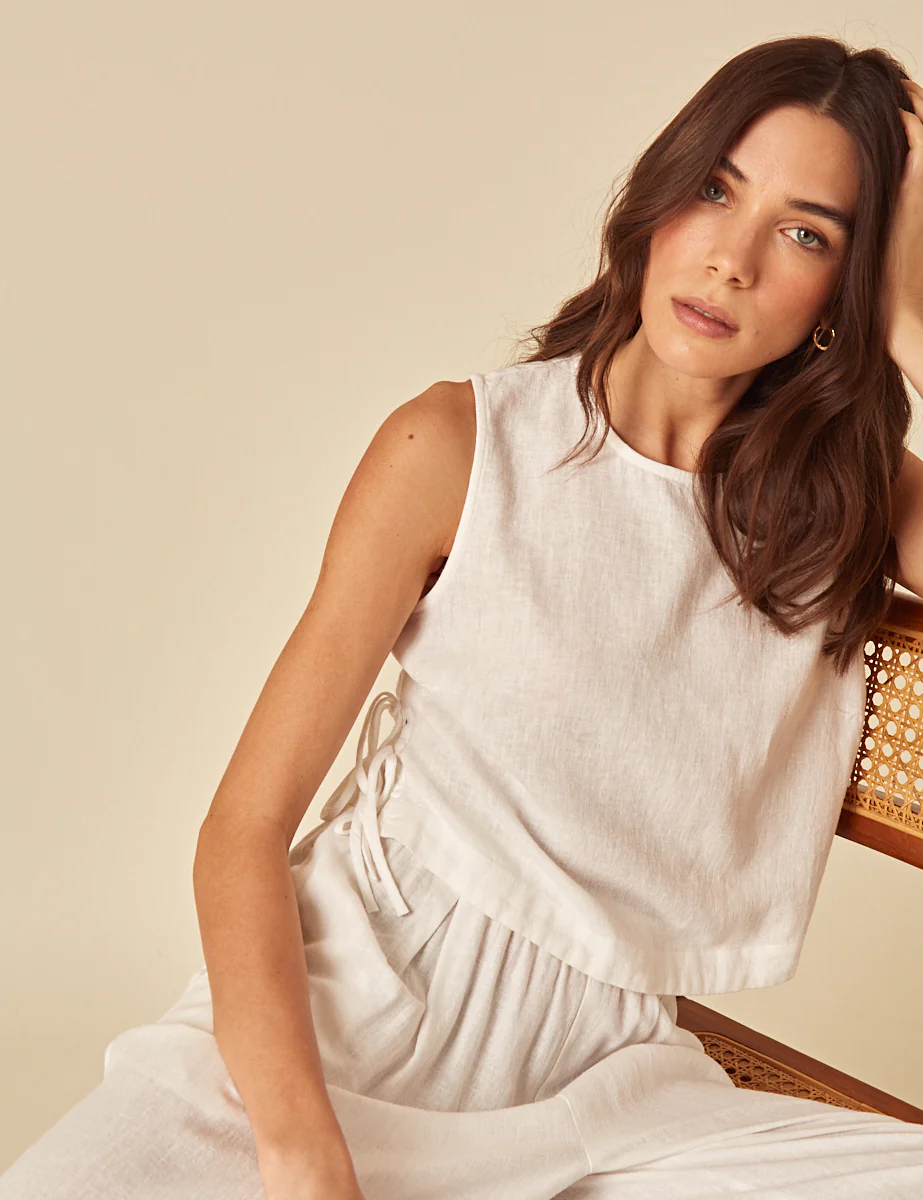 White Linen-Blend Swing Top