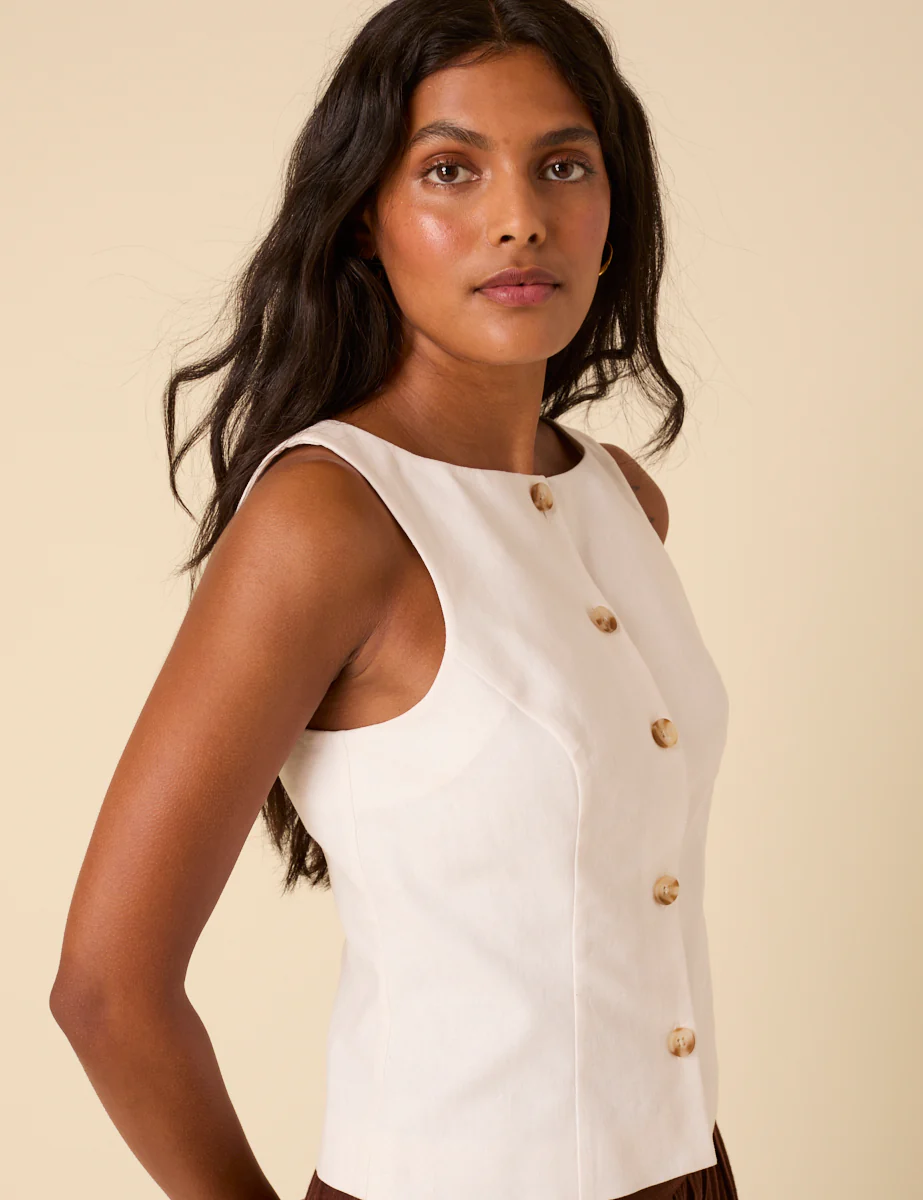 White Linen-Blend Tailored Waistcoat - Image 5
