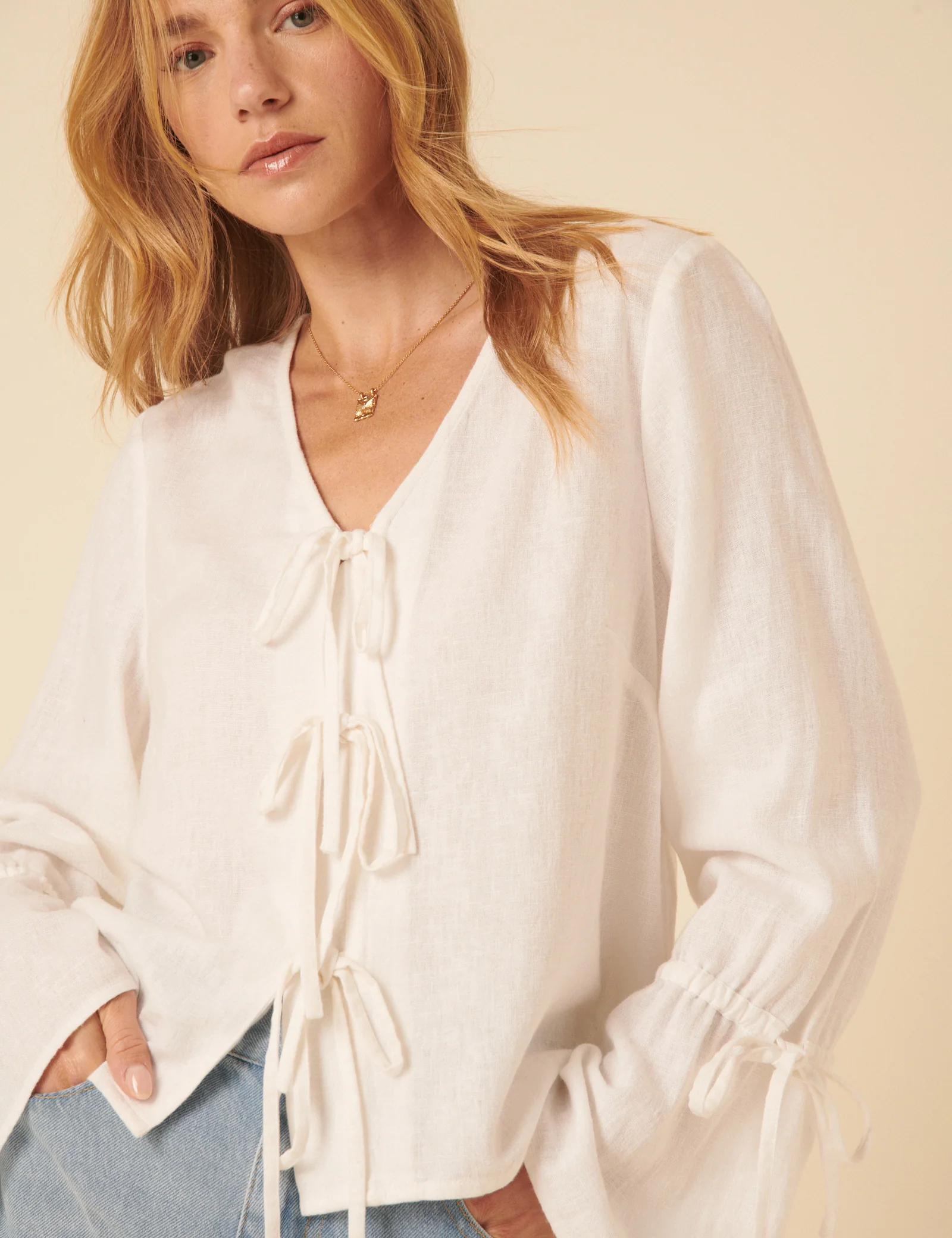 White Linen-Blend Tie Front Blouse